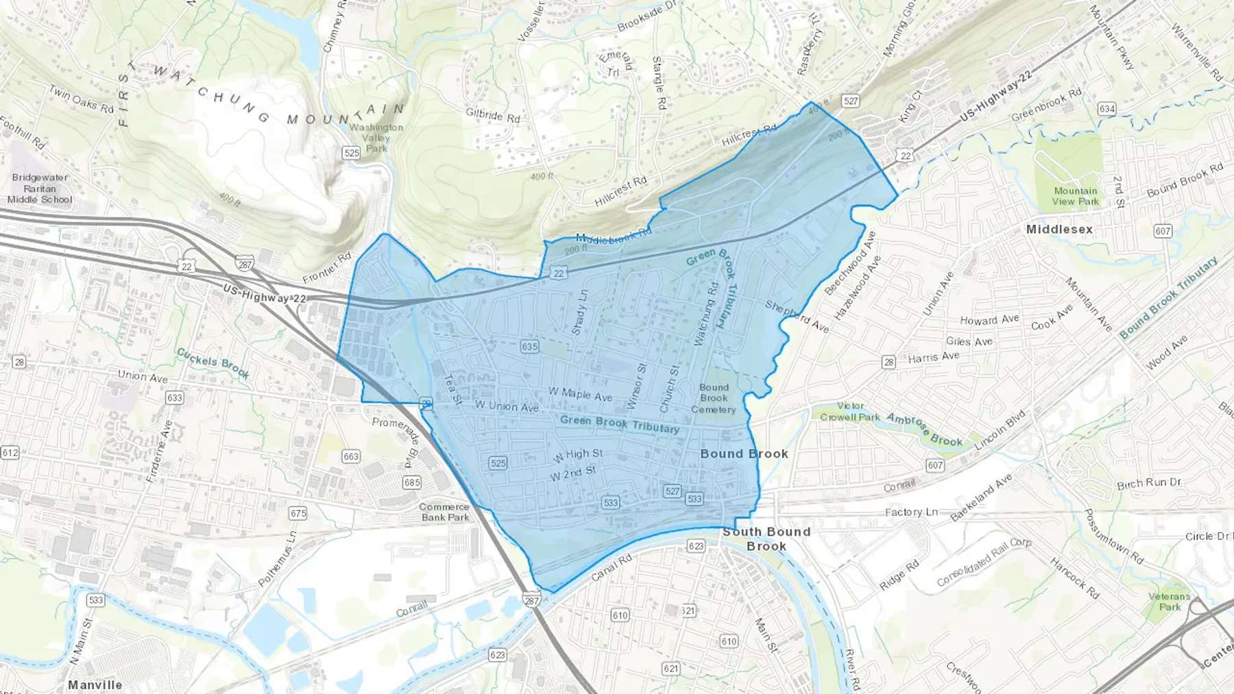 Bound Brook, NJ Cash heating Oil delivery map Map of the COD Fuel Oil delivery service area for Bound Brook, NJ