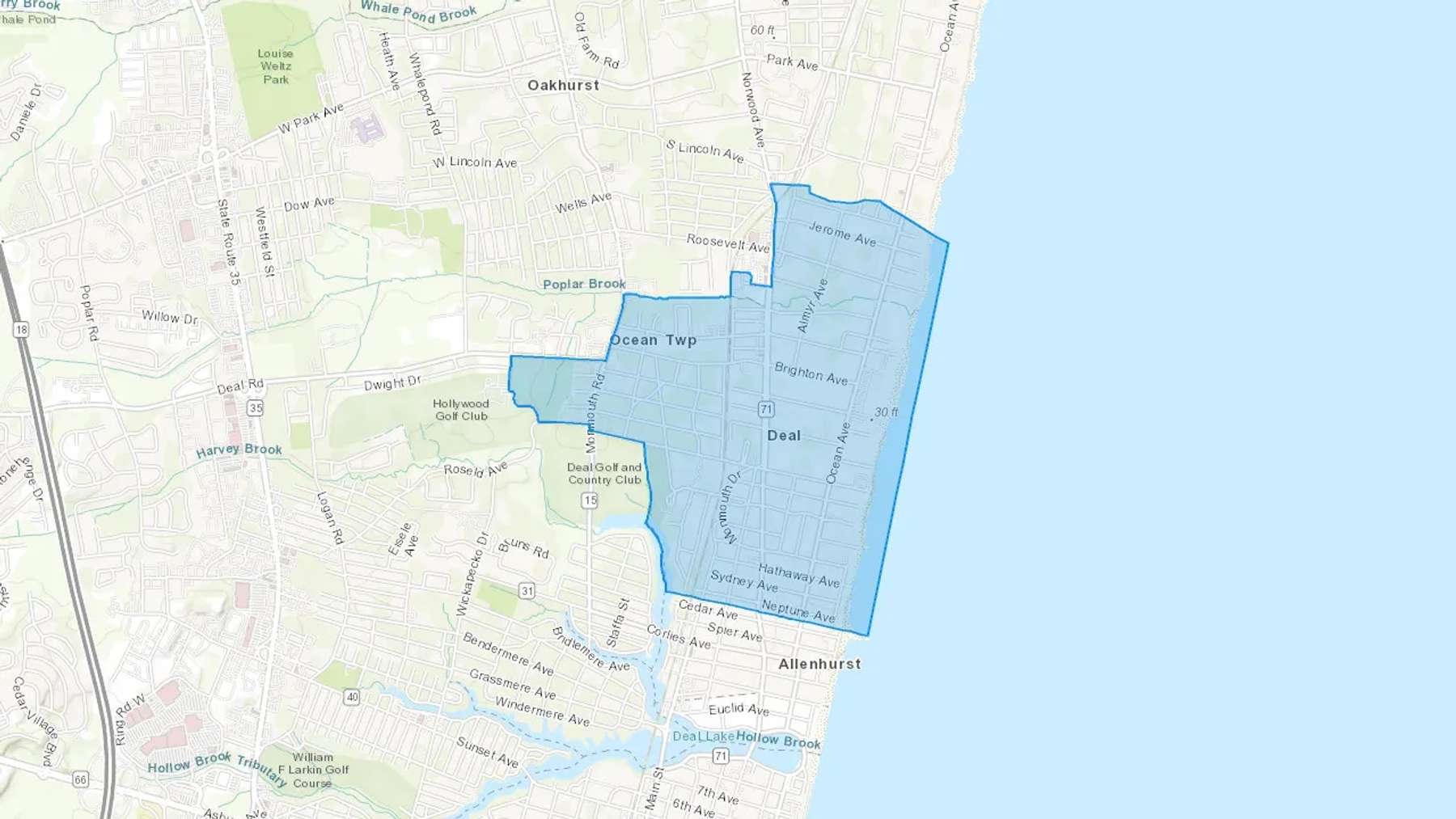 Deal, NJ Cash heating Oil delivery map Map of the COD Fuel Oil delivery service area for Deal, NJ