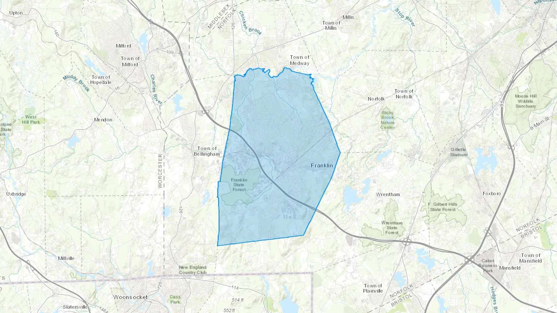 Franklin, MA Cash heating Oil delivery map Map of the COD Fuel Oil delivery service area for Franklin, MA