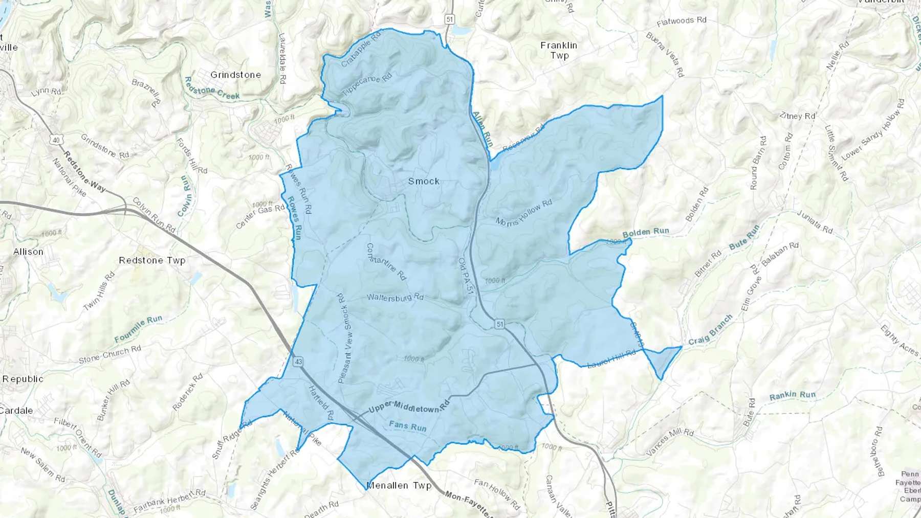 Smock, PA Cash heating Oil delivery map Map of the COD Fuel Oil delivery service area for Smock, PA