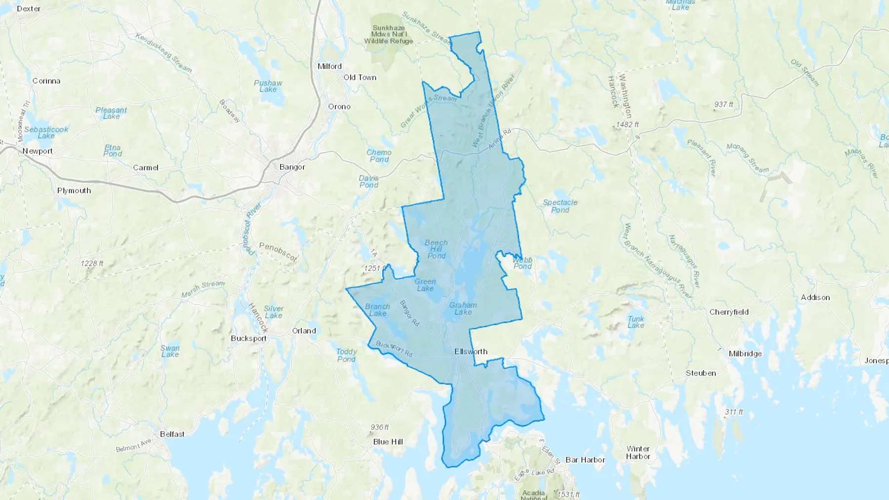 Ellsworth, ME Cash heating Oil delivery map Map of the COD Fuel Oil delivery service area for Ellsworth, ME