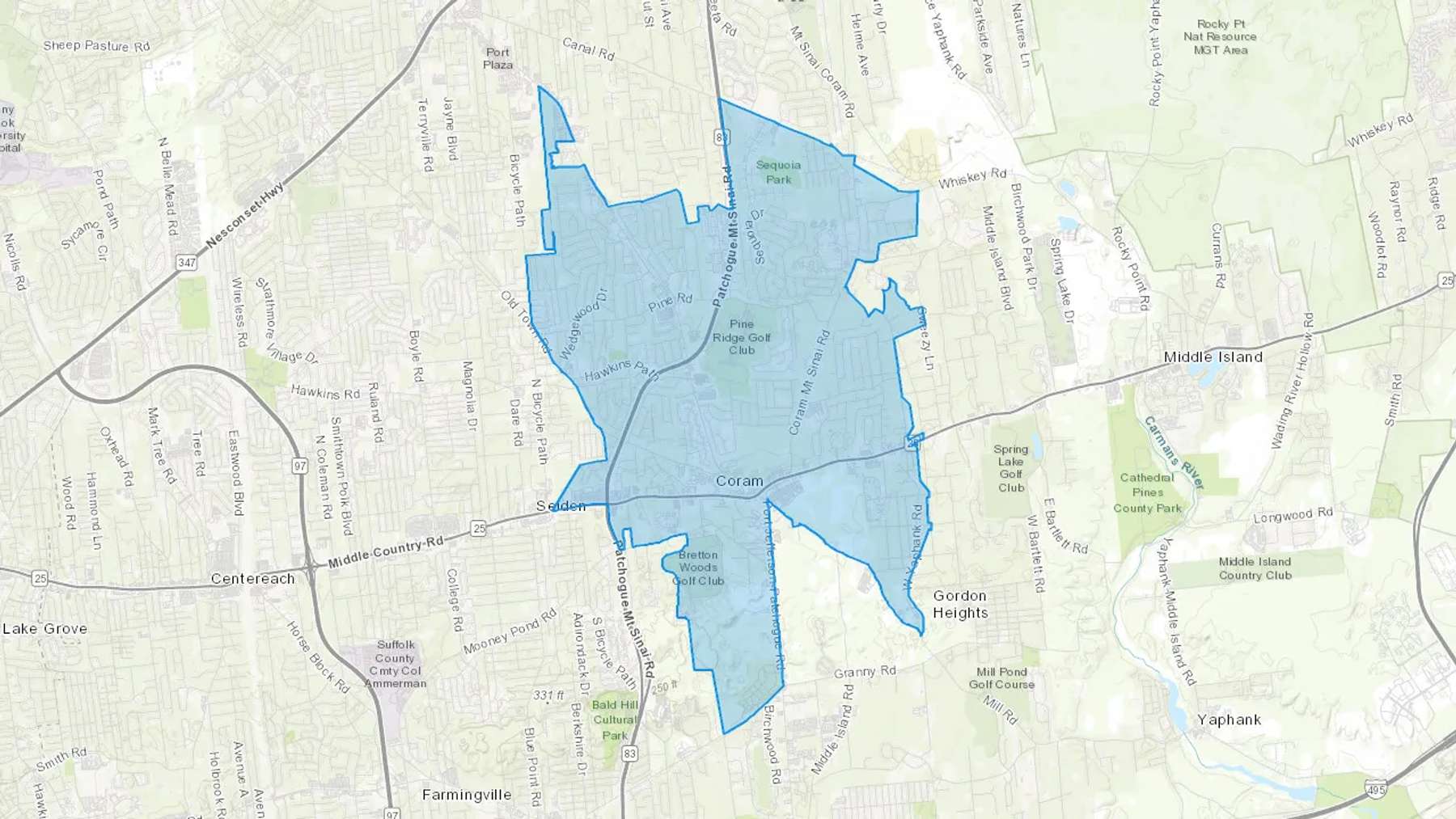 Coram, NY Cash heating Oil delivery map Map of the COD Fuel Oil delivery service area for Coram, NY