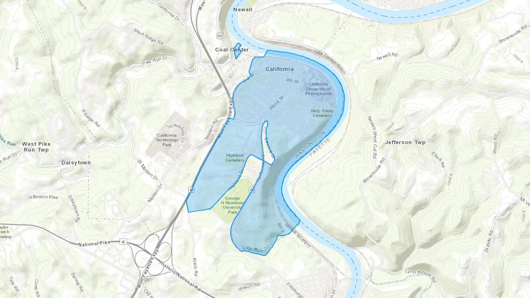 California, PA Cash heating Oil delivery map Map of the COD Fuel Oil delivery service area for California, PA