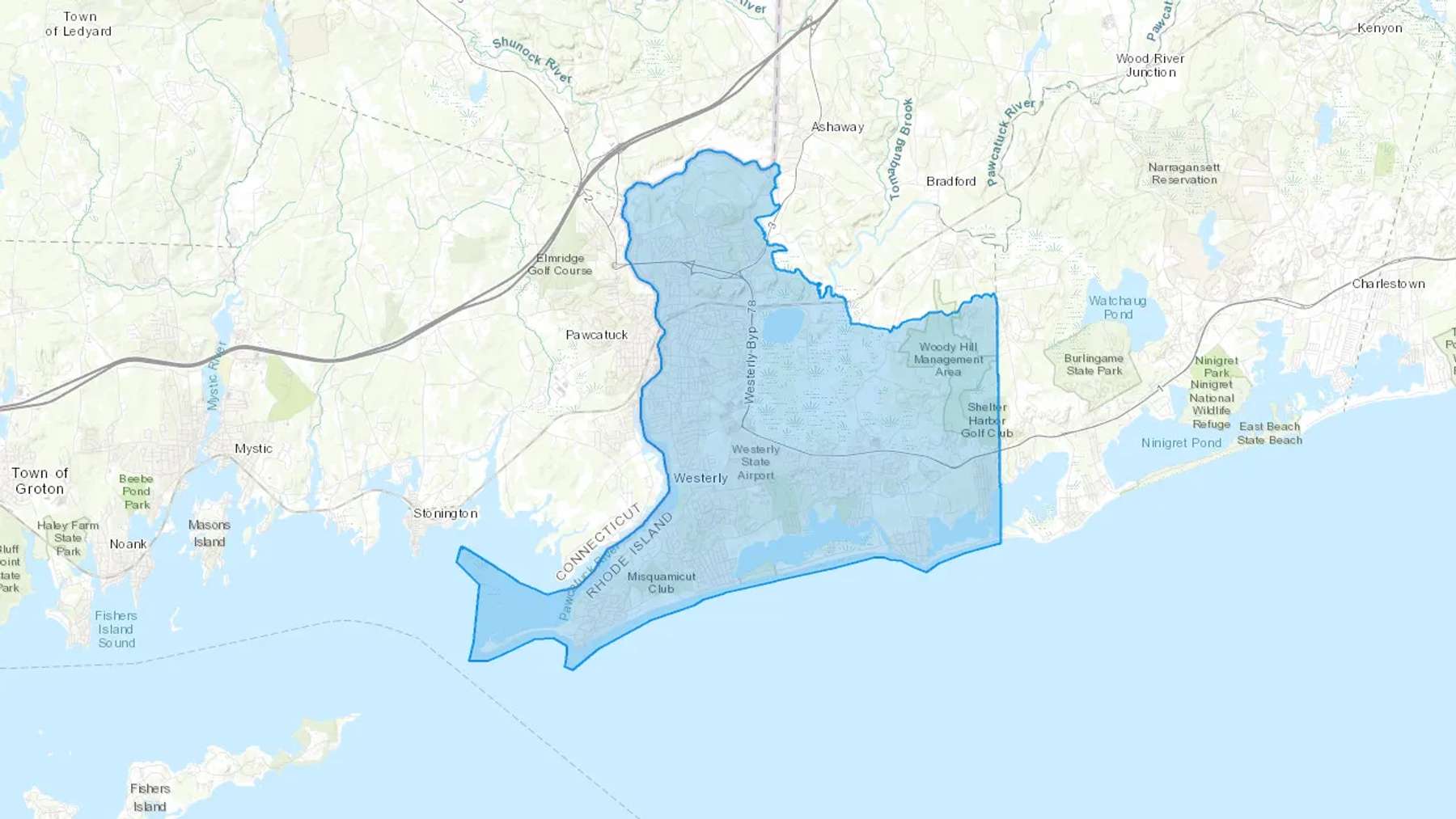 Westerly, RI Cash heating Oil delivery map Map of the COD Fuel Oil delivery service area for Westerly, RI