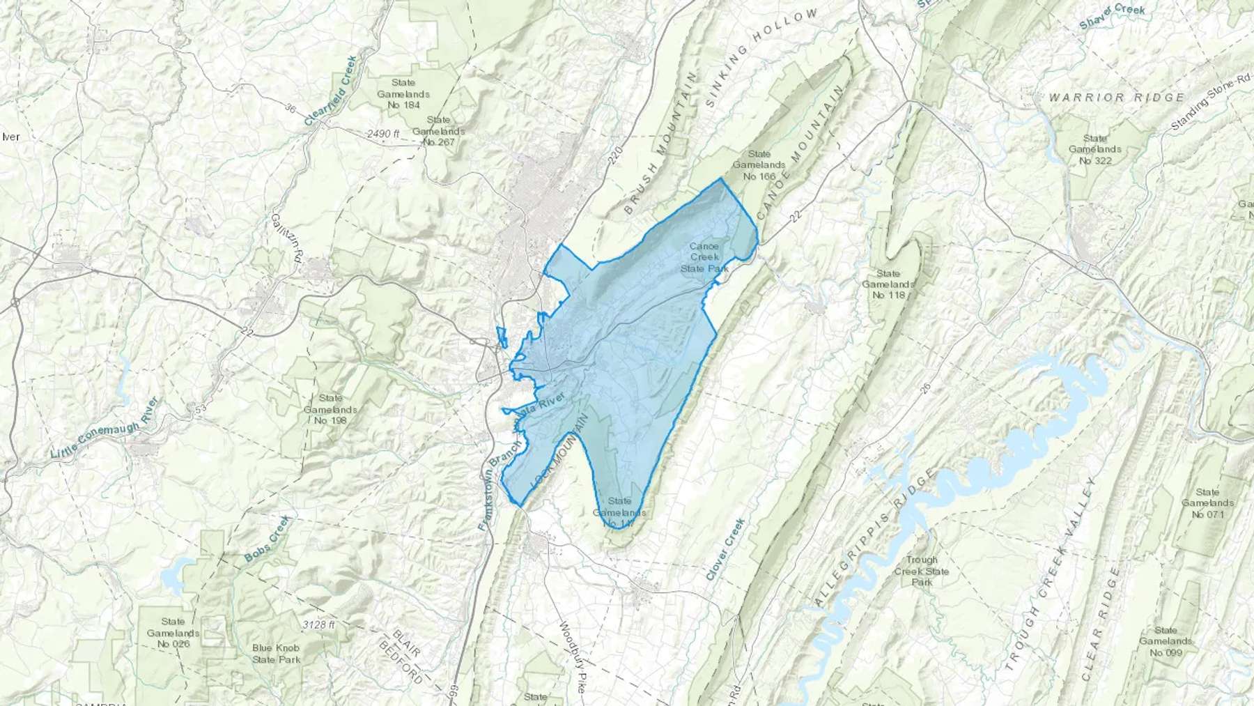 Hollidaysburg, PA Cash heating Oil delivery map Map of the COD Fuel Oil delivery service area for Hollidaysburg, PA