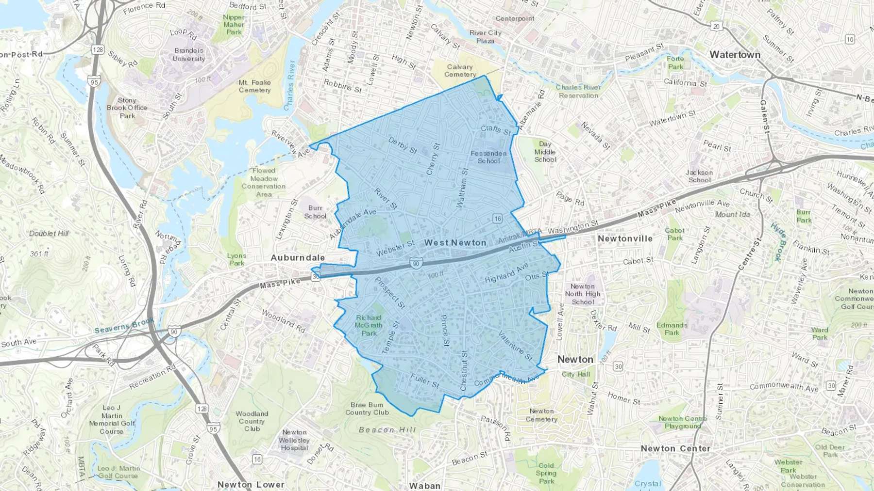 West Newton, MA Cash heating Oil delivery map Map of the COD Fuel Oil delivery service area for West Newton, MA
