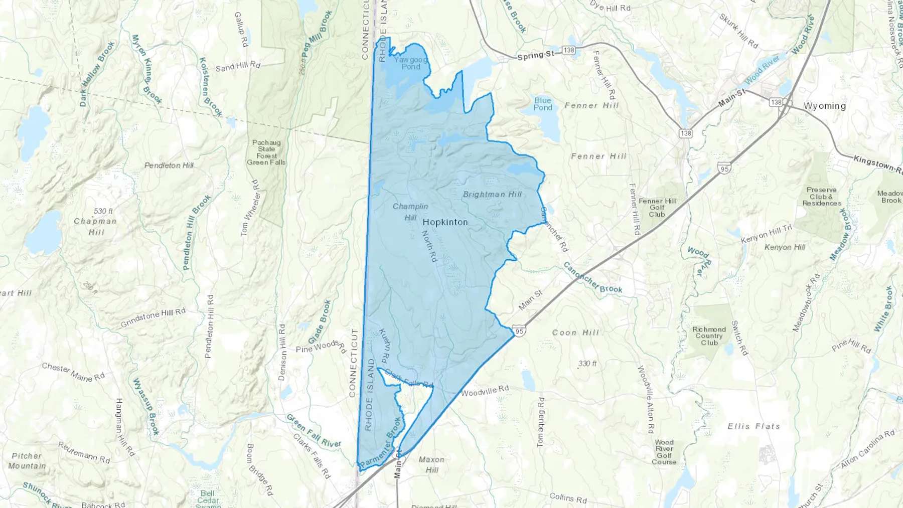 Hopkinton, RI Cash heating Oil delivery map Map of the COD Fuel Oil delivery service area for Hopkinton, RI
