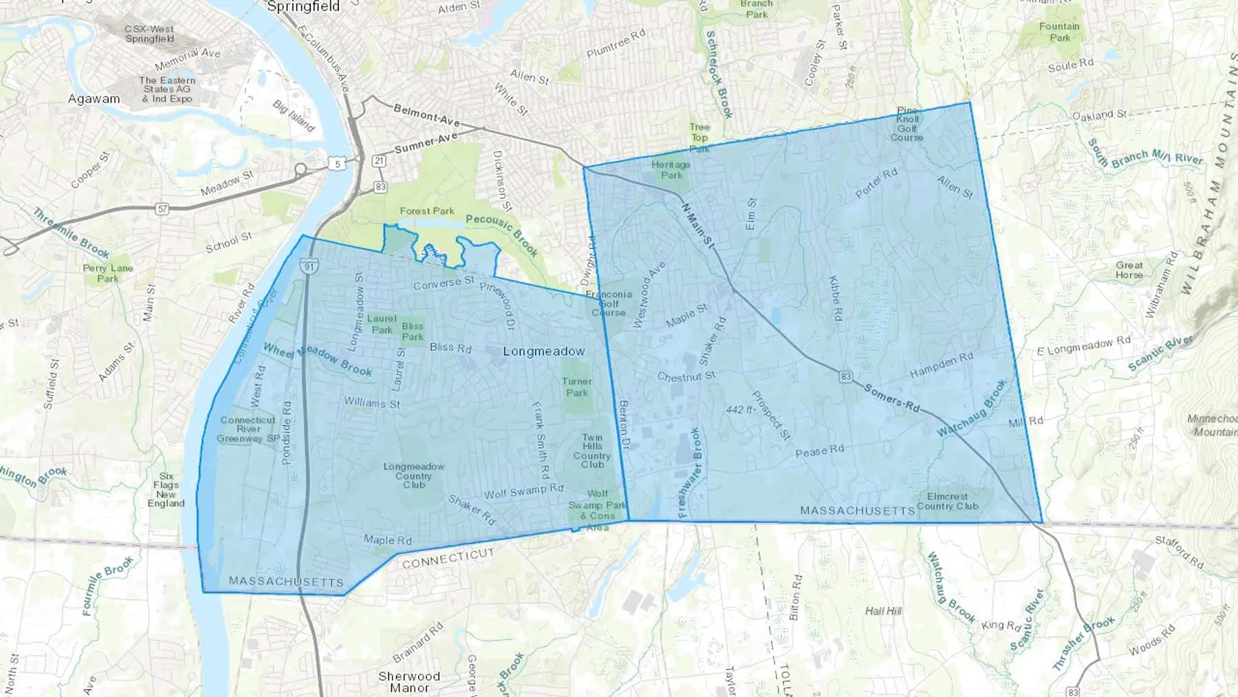 Longmeadow, MA Cash heating Oil delivery map Map of the COD Fuel Oil delivery service area for Longmeadow, MA