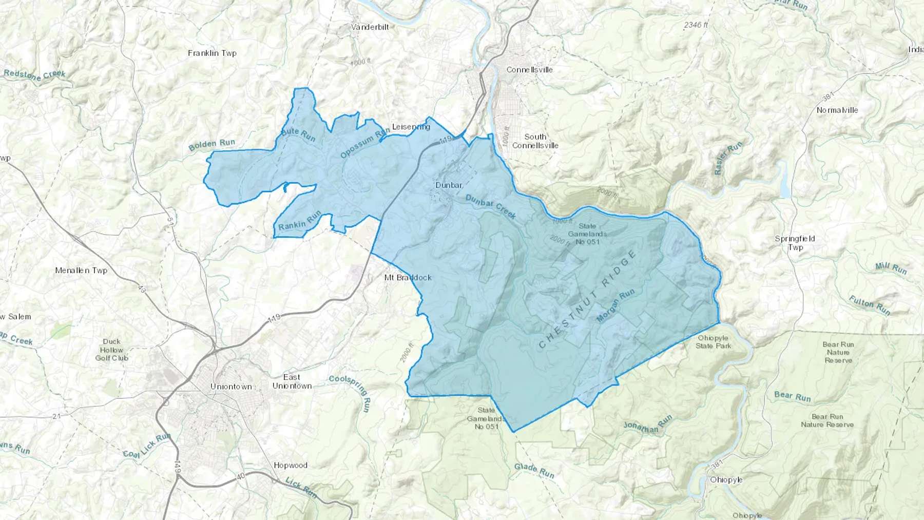 Dunbar, PA Cash heating Oil delivery map Map of the COD Fuel Oil delivery service area for Dunbar, PA