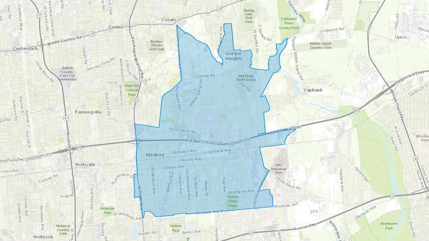Medford, NY Cash heating Oil delivery map Map of the COD Fuel Oil delivery service area for Medford, NY