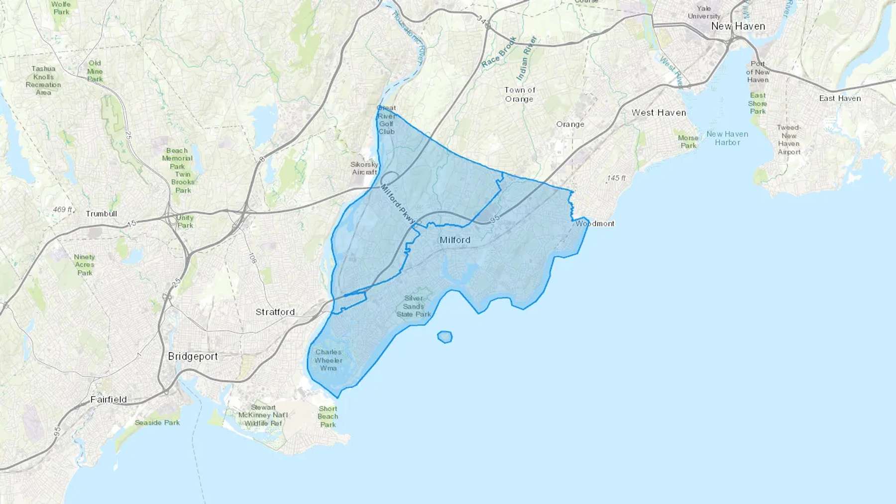 Milford, CT Cash heating Oil delivery map Map of the COD Fuel Oil delivery service area for Milford, CT