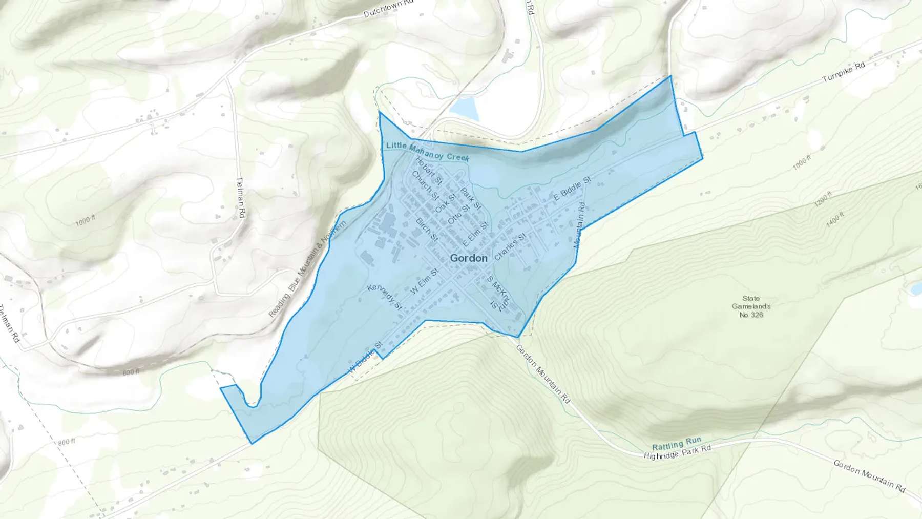 Gordon, PA Cash heating Oil delivery map Map of the COD Fuel Oil delivery service area for Gordon, PA