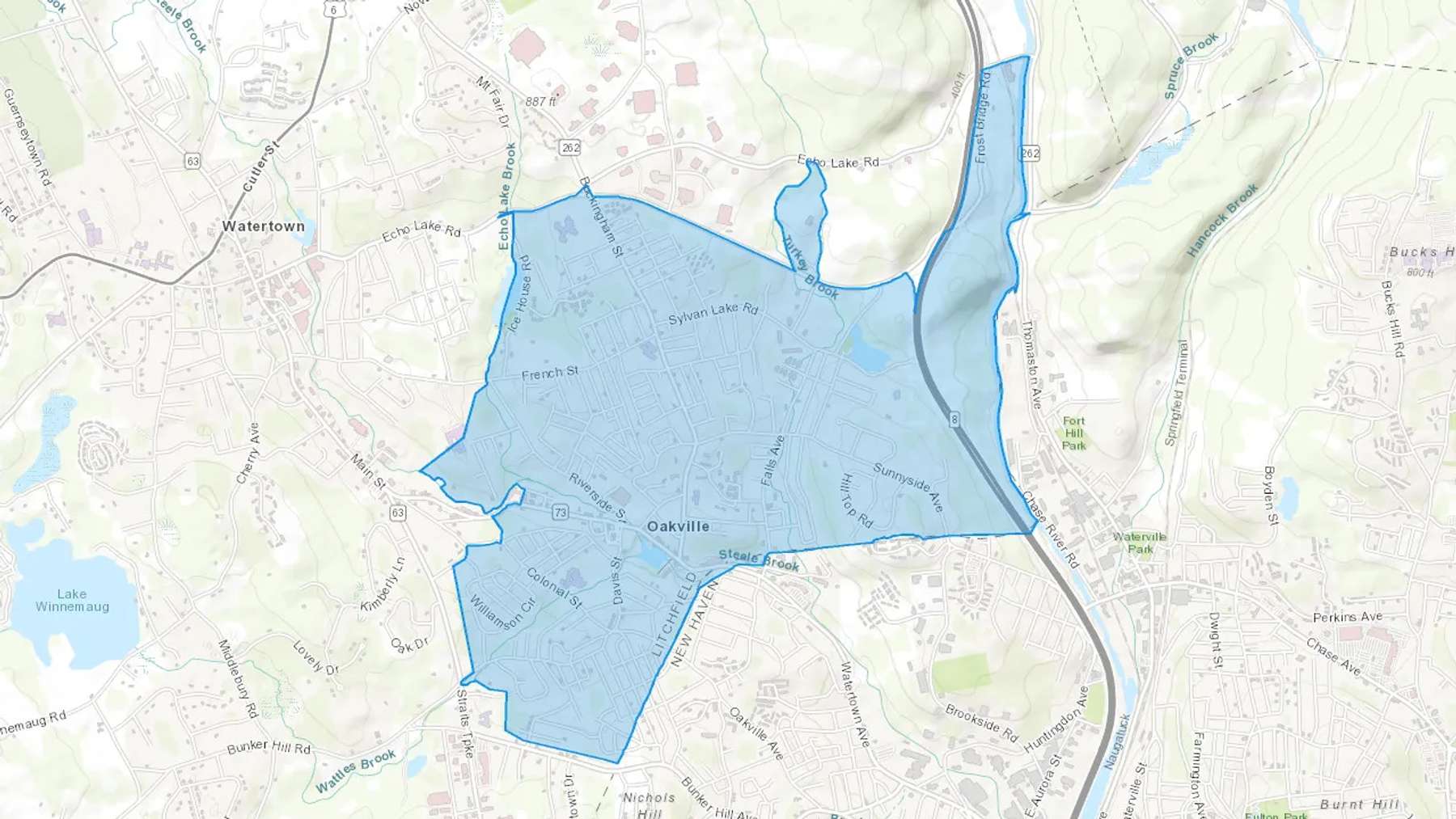 Oakville, CT Cash heating Oil delivery map Map of the COD Fuel Oil delivery service area for Oakville, CT