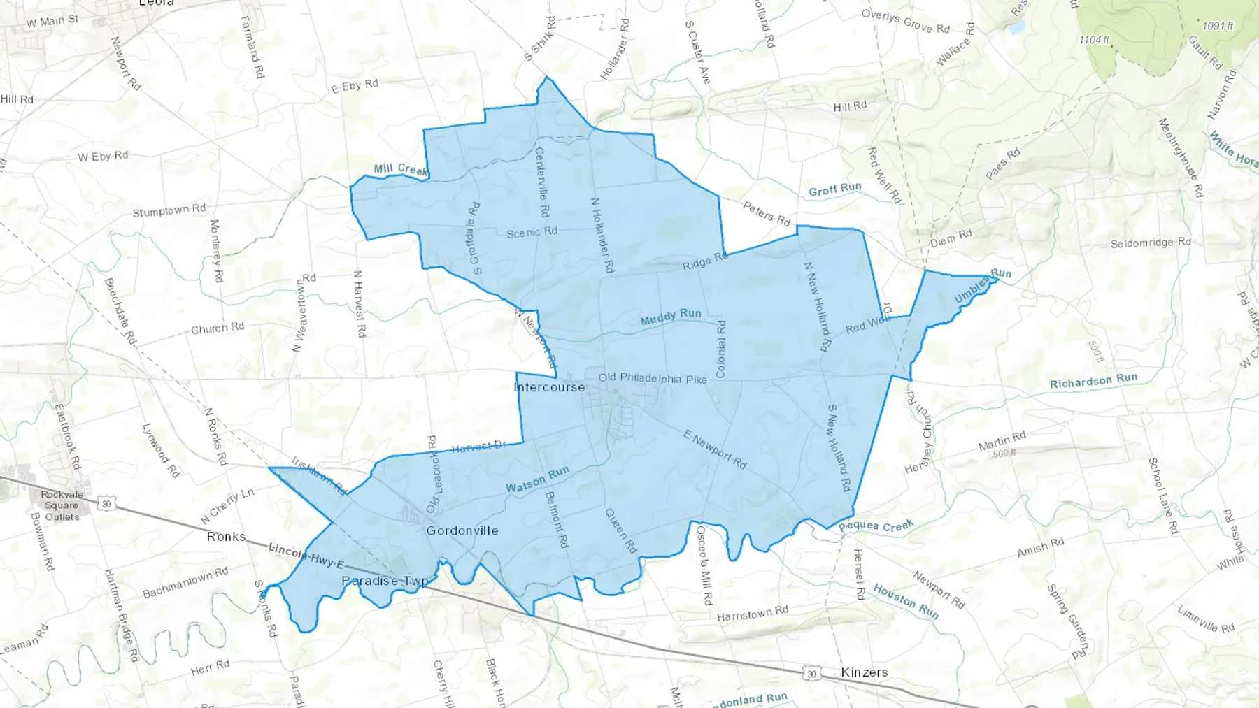 Intercourse, PA Cash heating Oil delivery map Map of the COD Fuel Oil delivery service area for Intercourse, PA