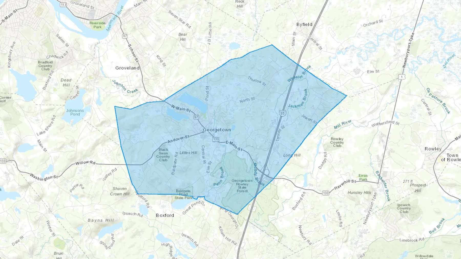 Georgetown, MA Cash heating Oil delivery map Map of the COD Fuel Oil delivery service area for Georgetown, MA