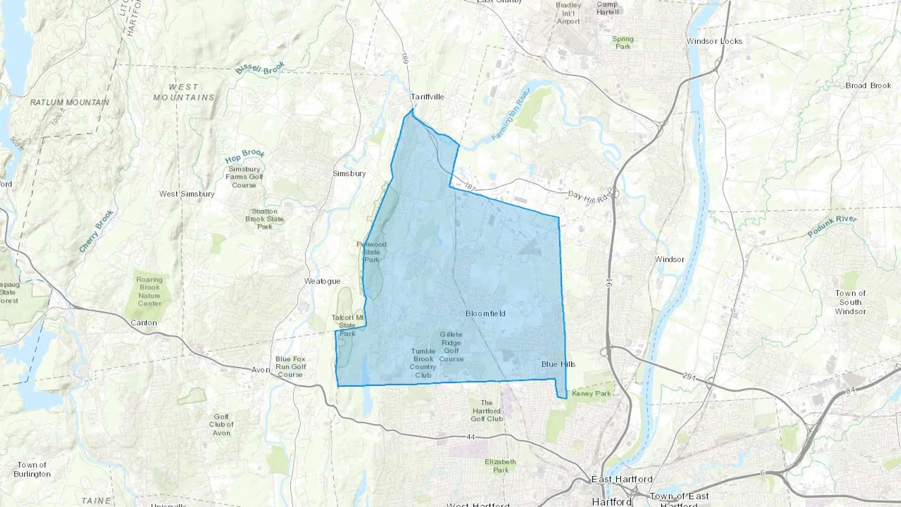 Bloomfield, CT Cash heating Oil delivery map Map of the COD Fuel Oil delivery service area for Bloomfield, CT