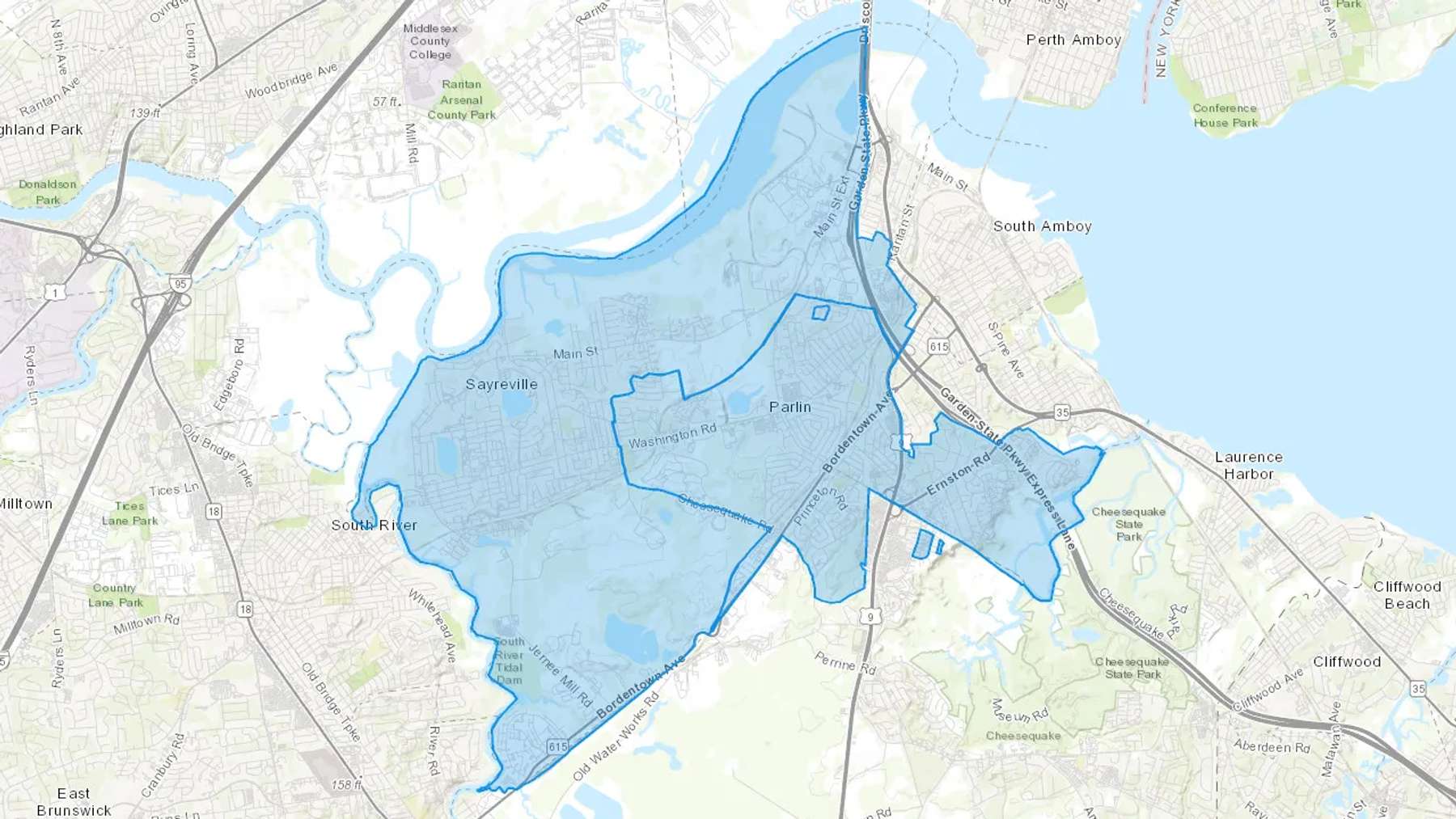 Sayreville, NJ Cash heating Oil delivery map Map of the COD Fuel Oil delivery service area for Sayreville, NJ