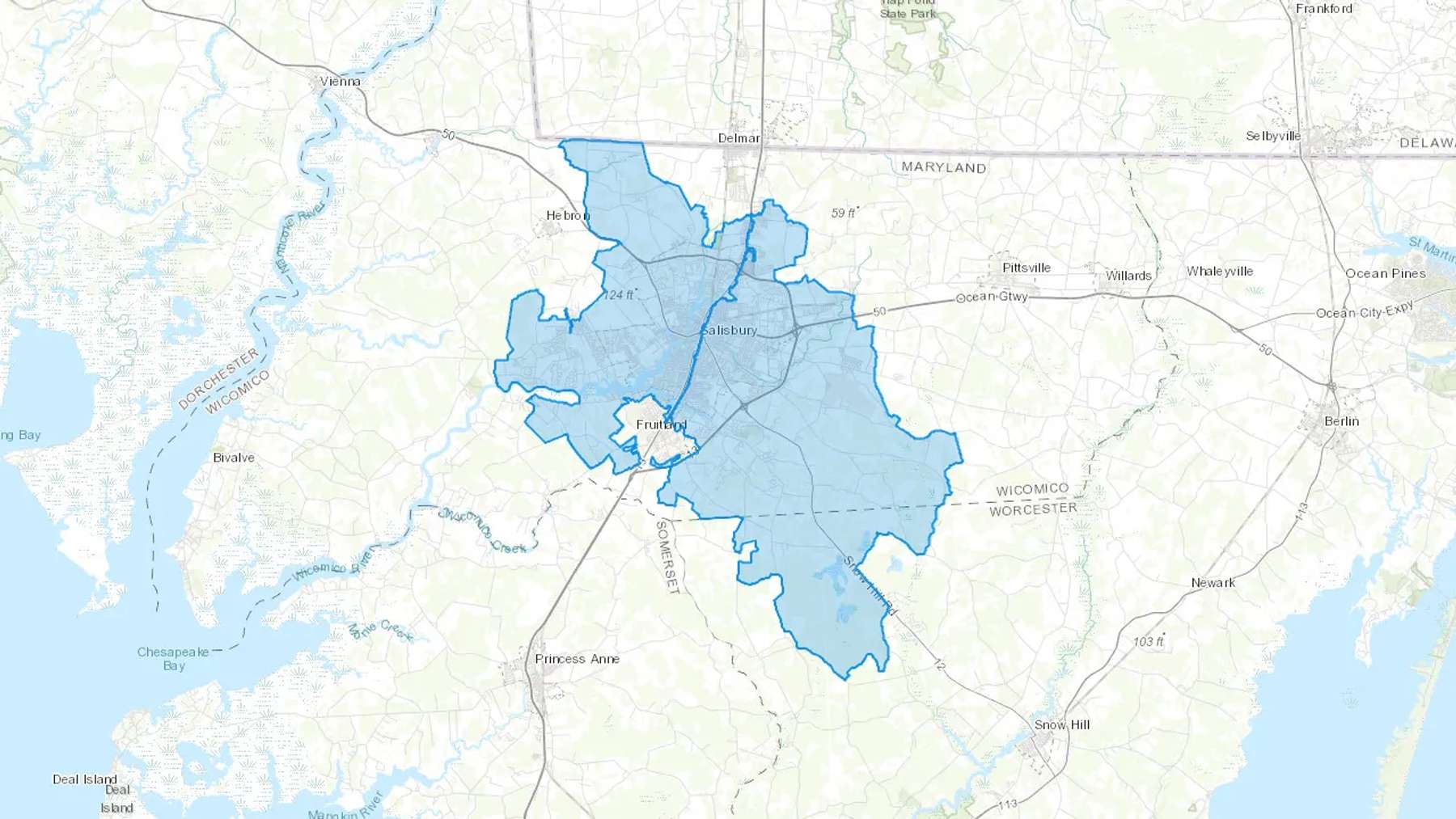Salisbury, MD Cash heating Oil delivery map Map of the COD Fuel Oil delivery service area for Salisbury, MD