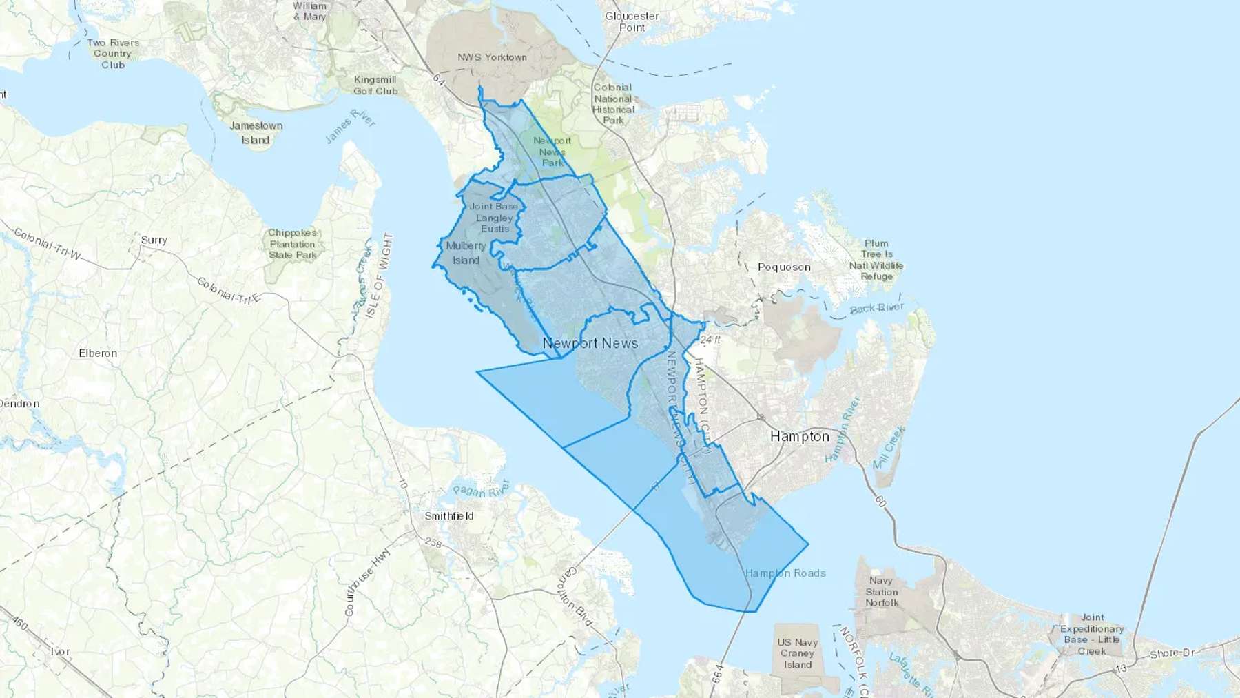 Newport News, VA Cash heating Oil delivery map Map of the COD Fuel Oil delivery service area for Newport News, VA