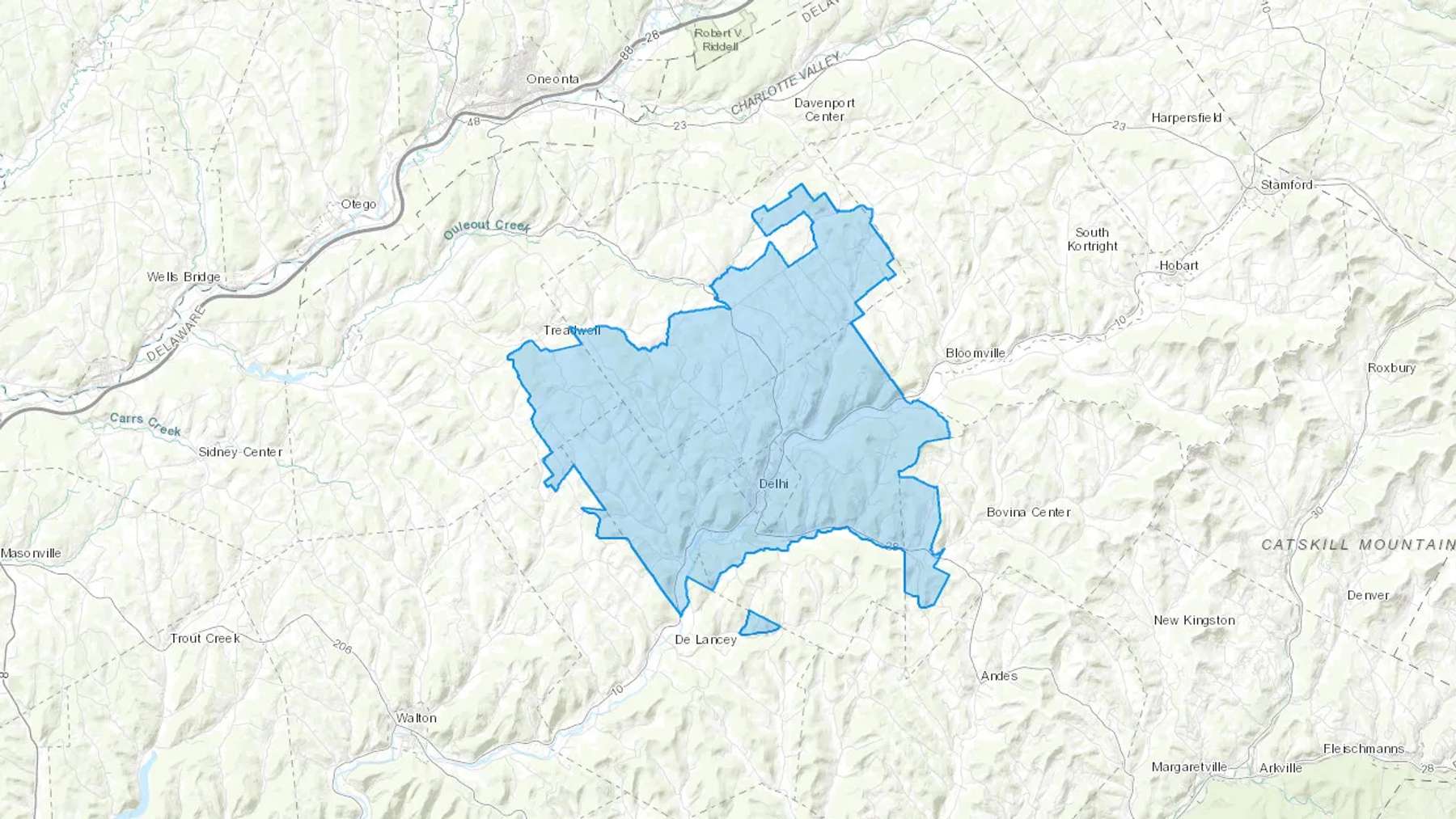 Delhi, NY Cash heating Oil delivery map Map of the COD Fuel Oil delivery service area for Delhi, NY
