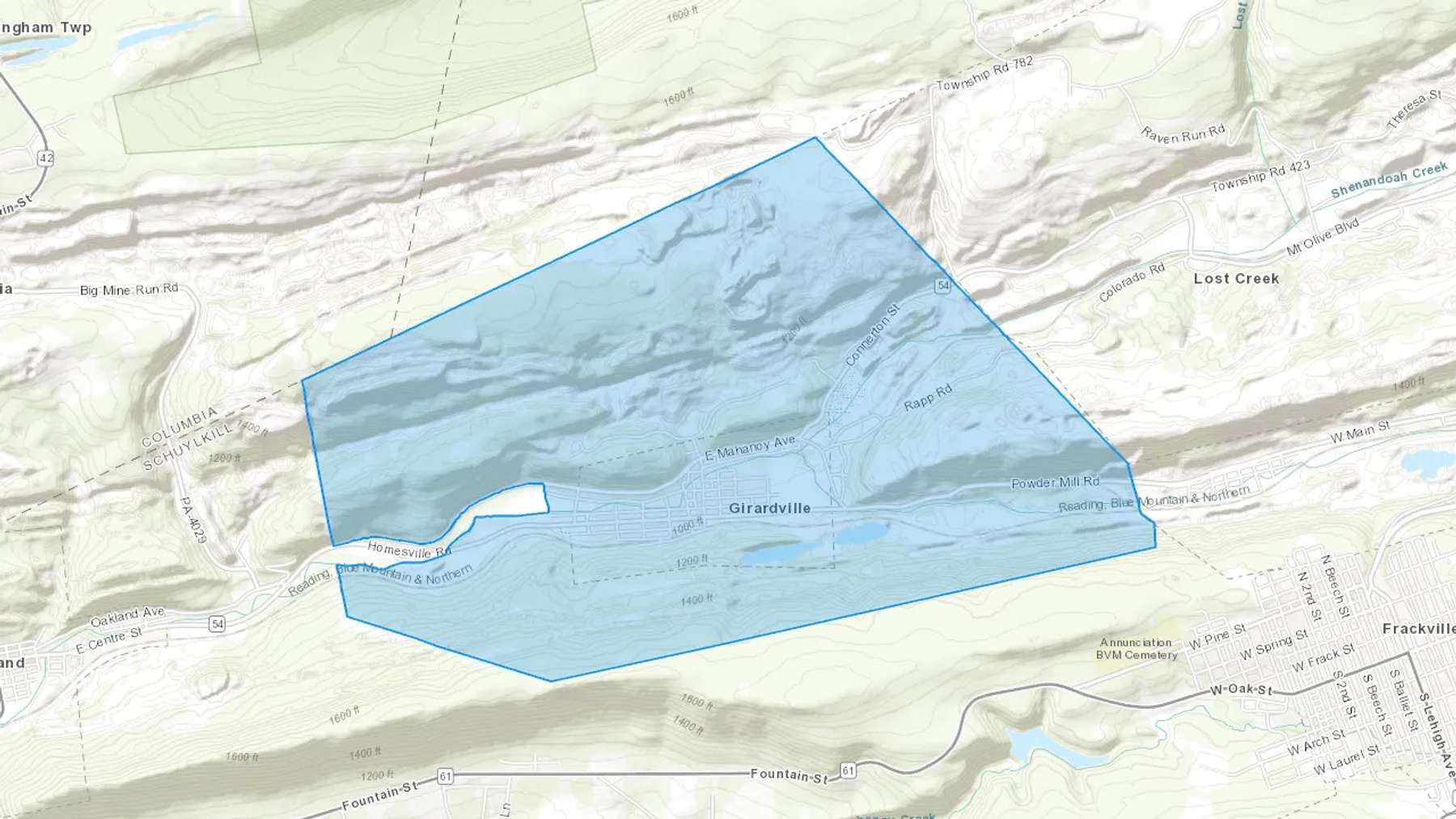 Girardville, PA Cash heating Oil delivery map Map of the COD Fuel Oil delivery service area for Girardville, PA