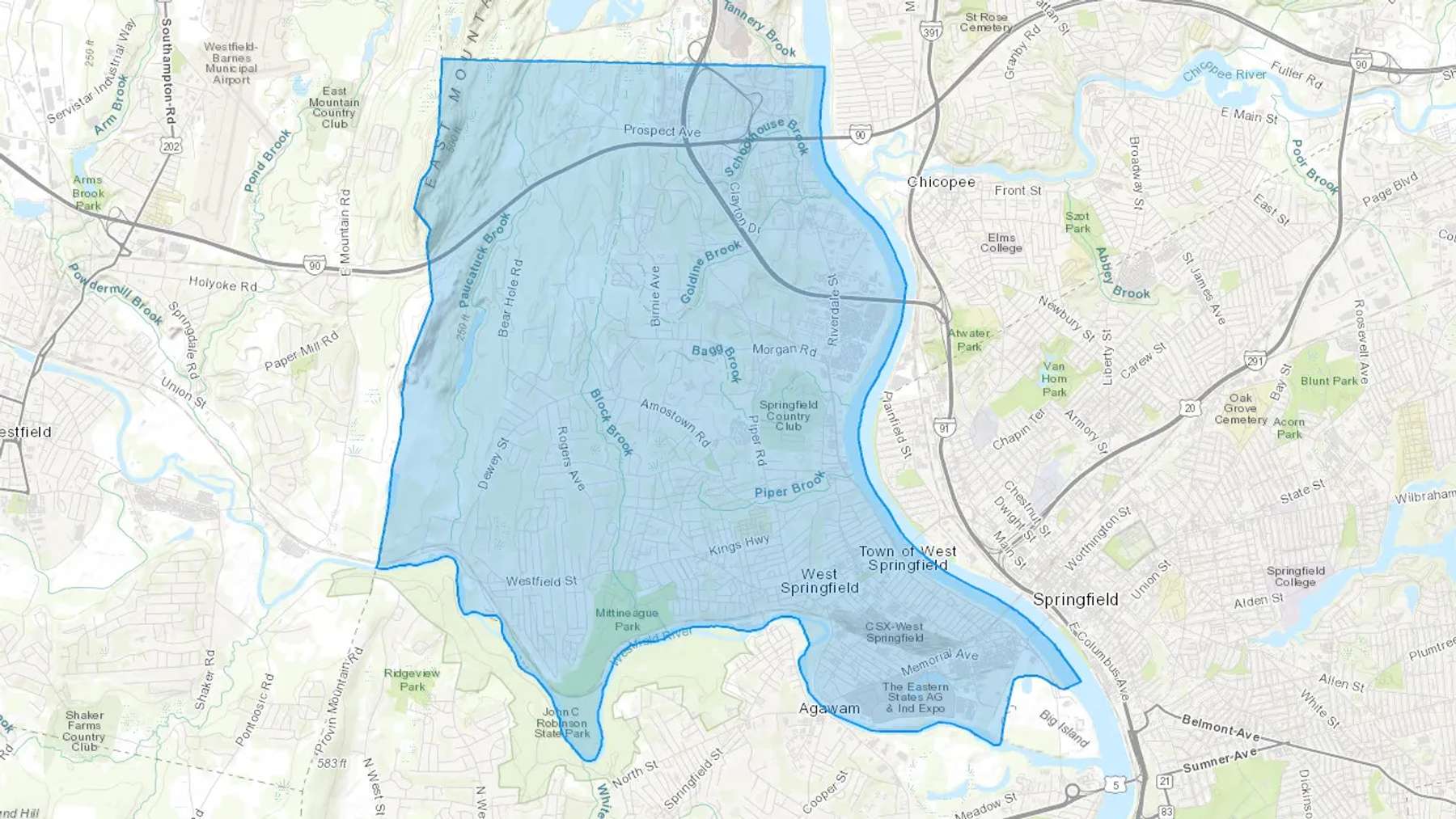 West Springfield, MA Cash heating Oil delivery map Map of the COD Fuel Oil delivery service area for West Springfield, MA