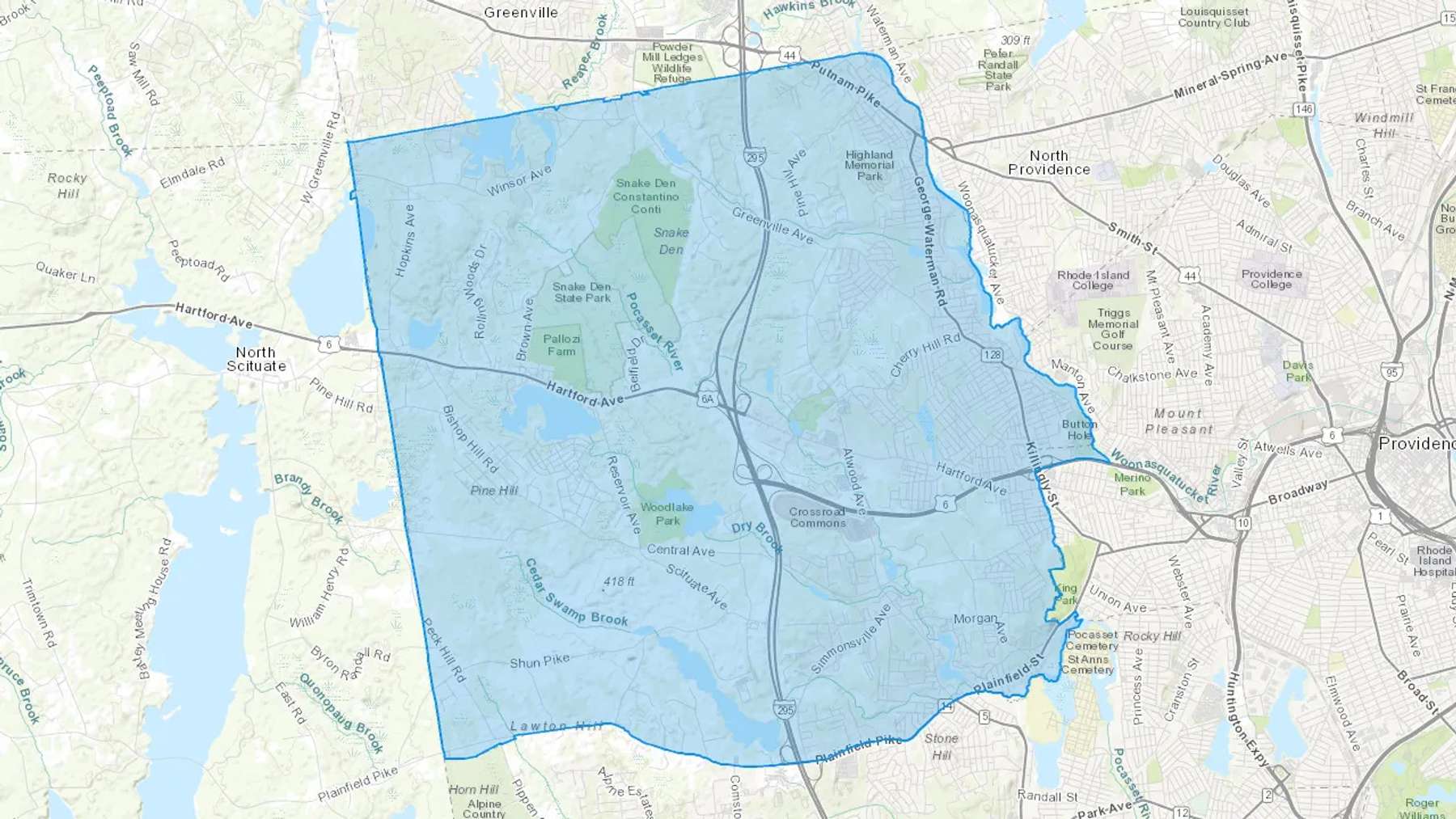 Johnston, RI Cash heating Oil delivery map Map of the COD Fuel Oil delivery service area for Johnston, RI