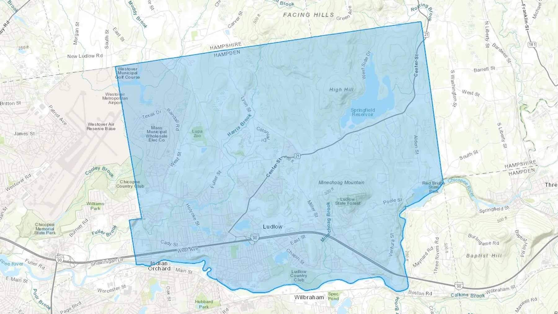 Ludlow, MA Cash heating Oil delivery map Map of the COD Fuel Oil delivery service area for Ludlow, MA