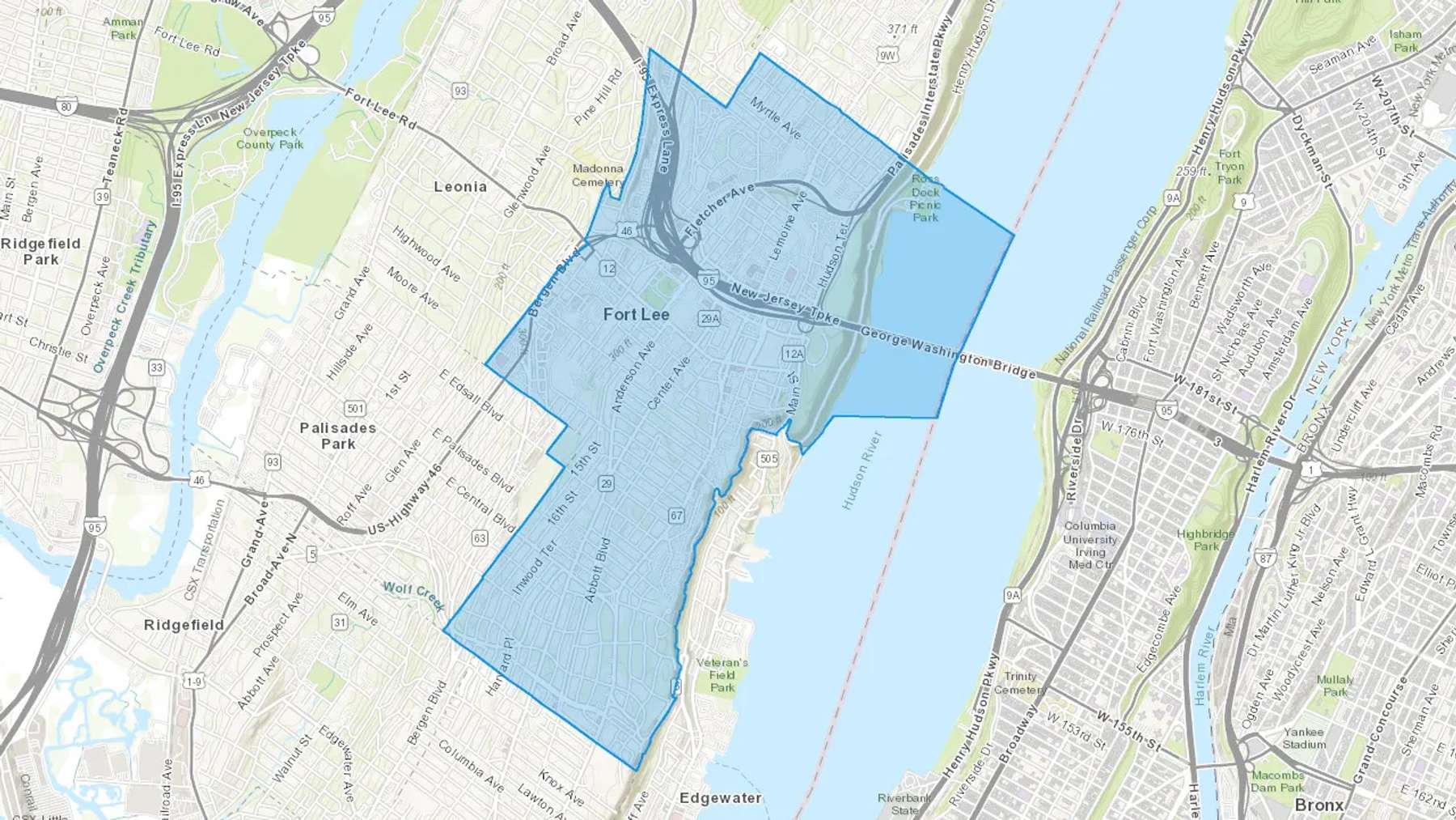 Fort Lee, NJ Cash heating Oil delivery map Map of the COD Fuel Oil delivery service area for Fort Lee, NJ