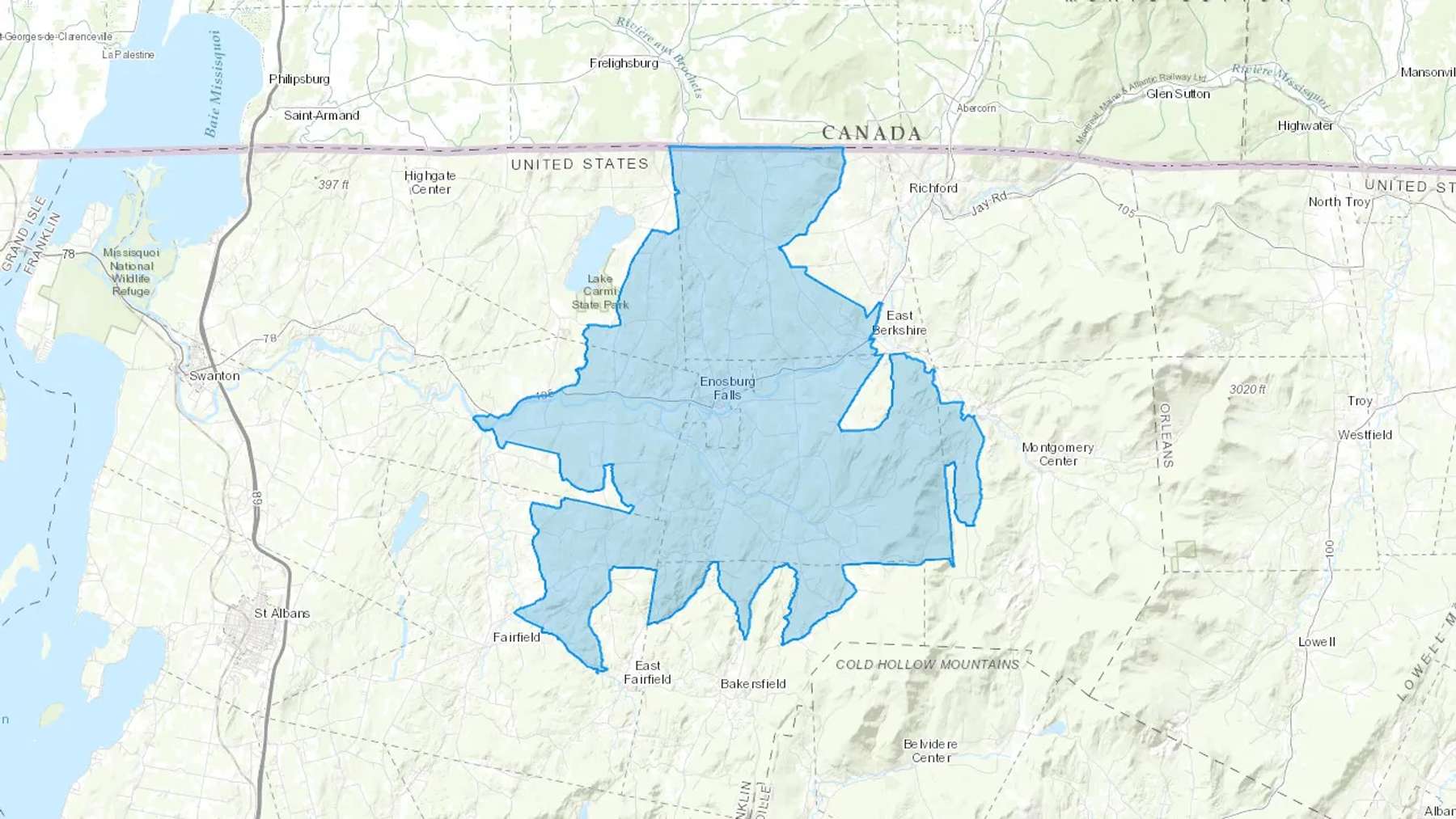 Enosburg Falls, VT Cash heating Oil delivery map Map of the COD Fuel Oil delivery service area for Enosburg Falls, VT