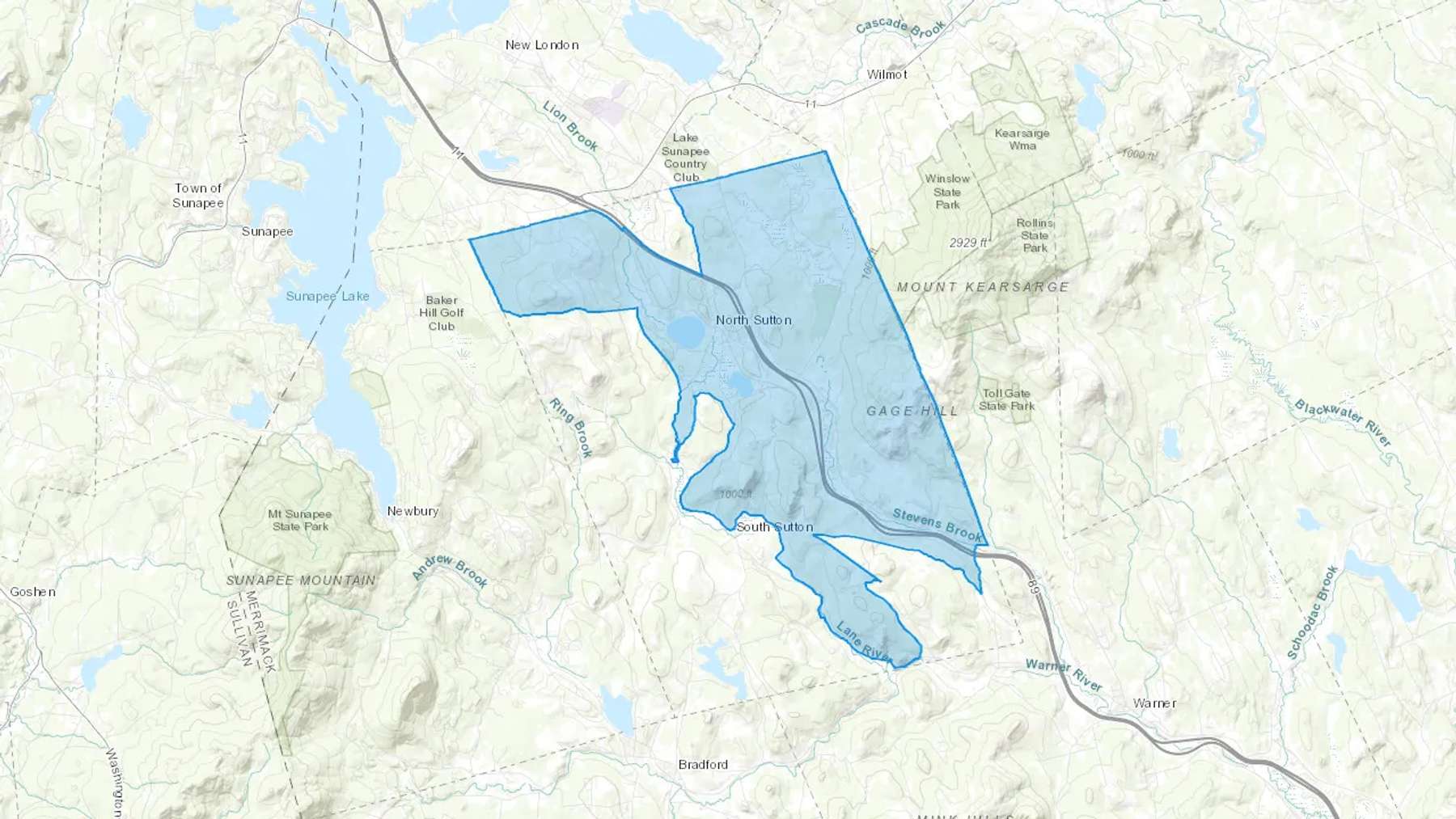 North Sutton, NH Cash heating Oil delivery map Map of the COD Fuel Oil delivery service area for North Sutton, NH