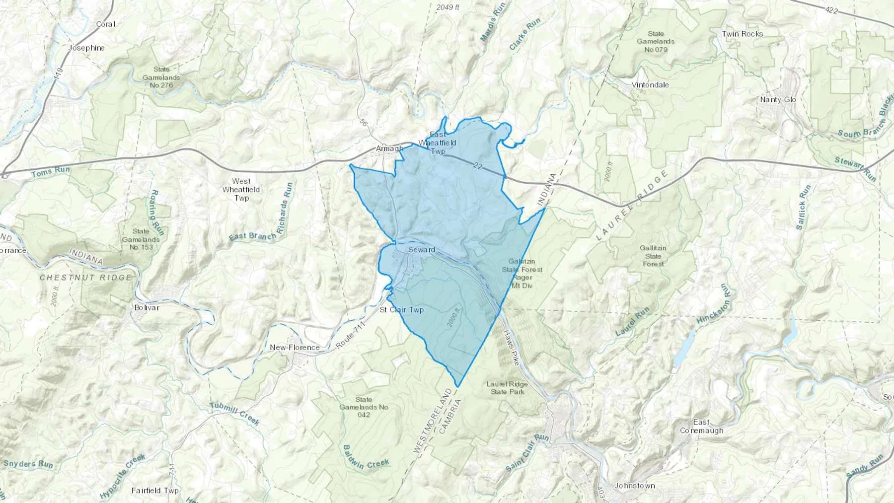 Seward, PA Cash heating Oil delivery map Map of the COD Fuel Oil delivery service area for Seward, PA