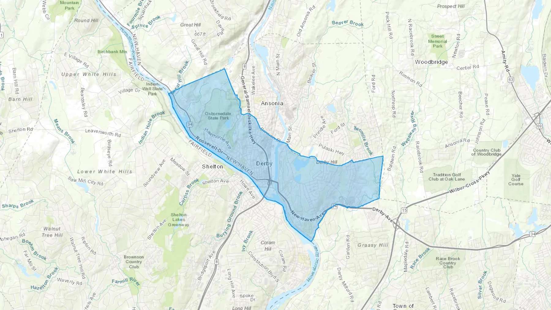 Derby, CT Cash heating Oil delivery map Map of the COD Fuel Oil delivery service area for Derby, CT