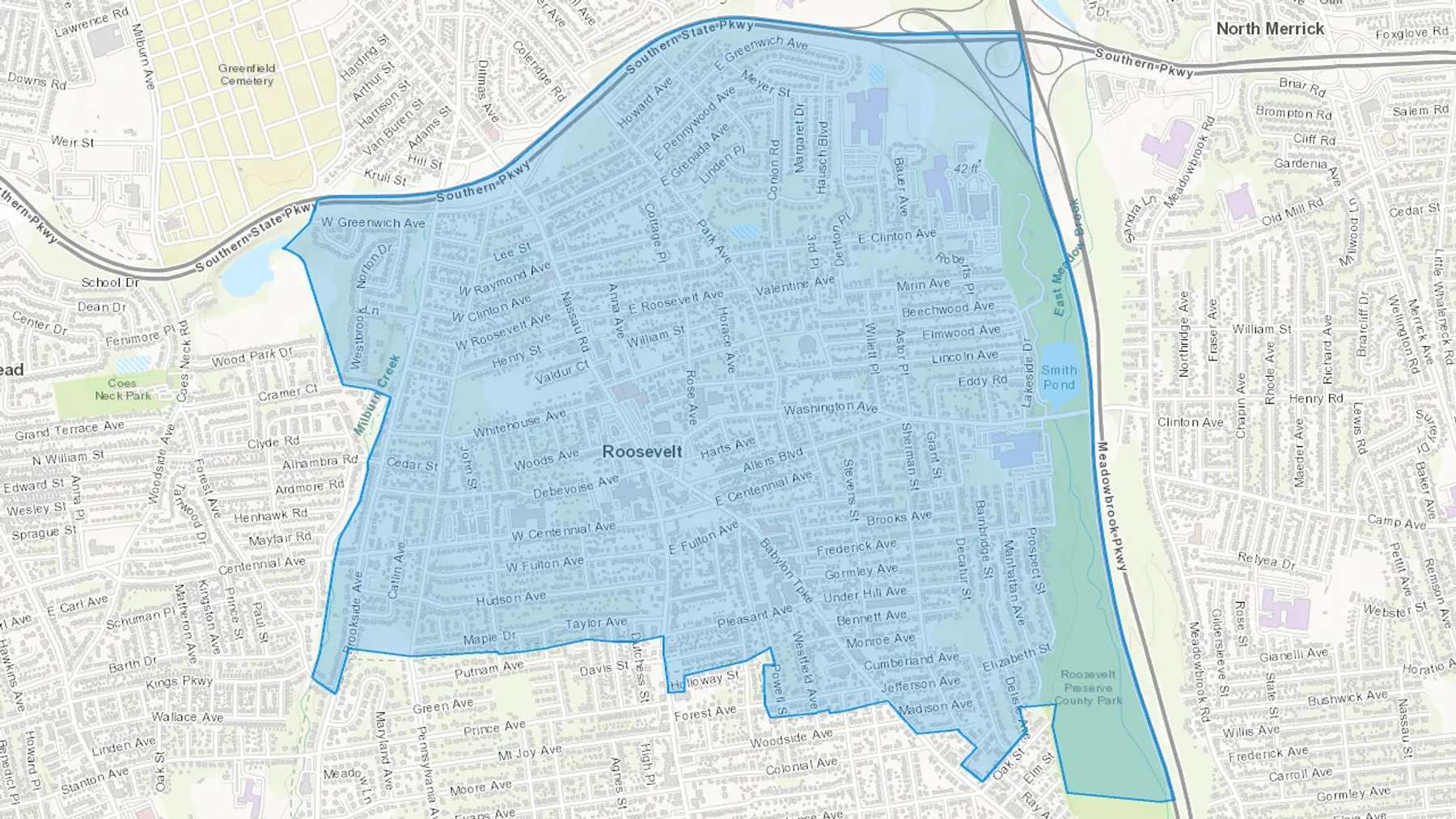 Roosevelt, NY Cash heating Oil delivery map Map of the COD Fuel Oil delivery service area for Roosevelt, NY