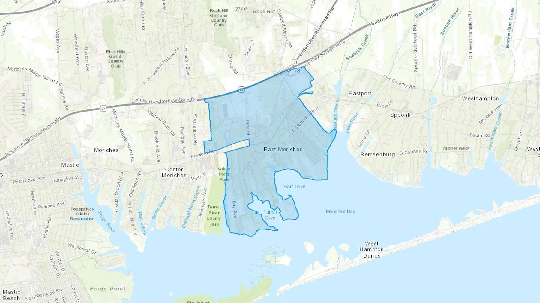 East Moriches, NY Cash heating Oil delivery map Map of the COD Fuel Oil delivery service area for East Moriches, NY