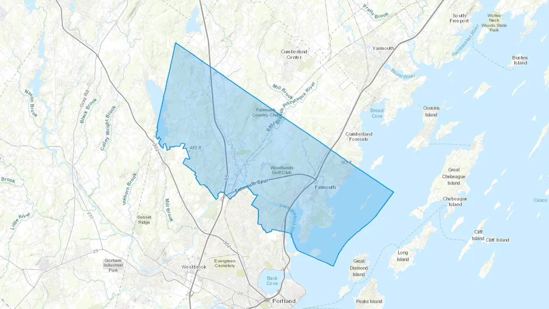 Falmouth, ME Cash heating Oil delivery map Map of the COD Fuel Oil delivery service area for Falmouth, ME