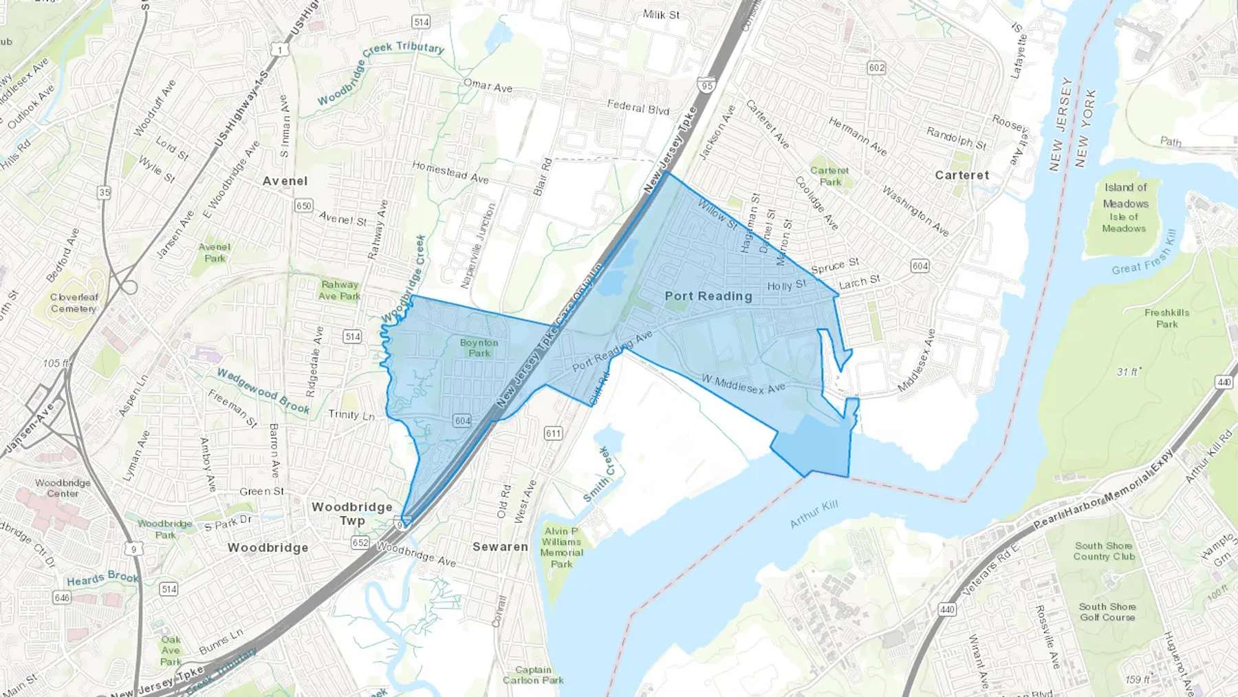 Port Reading, NJ Cash heating Oil delivery map Map of the COD Fuel Oil delivery service area for Port Reading, NJ