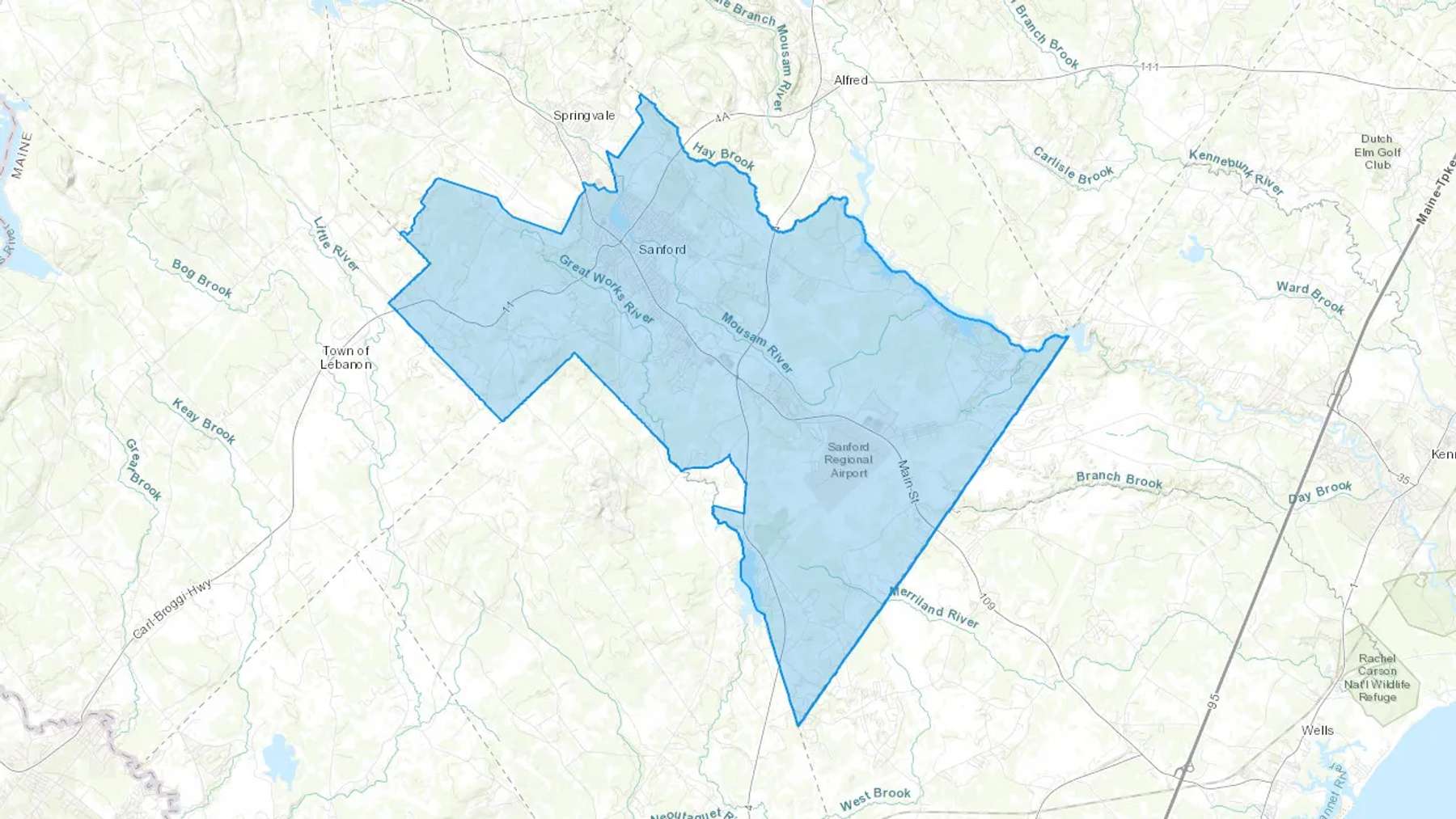 Sanford, ME Cash heating Oil delivery map Map of the COD Fuel Oil delivery service area for Sanford, ME
