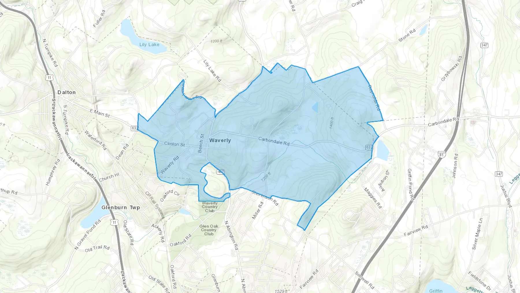 Waverly, PA Cash heating Oil delivery map Map of the COD Fuel Oil delivery service area for Waverly, PA