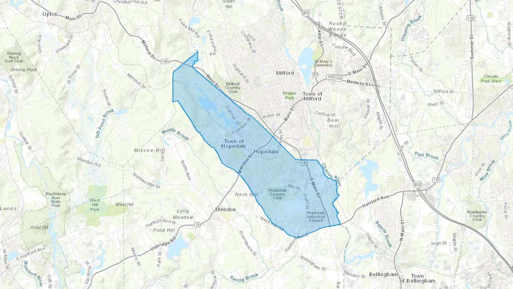 Hopedale, MA Cash heating Oil delivery map Map of the COD Fuel Oil delivery service area for Hopedale, MA