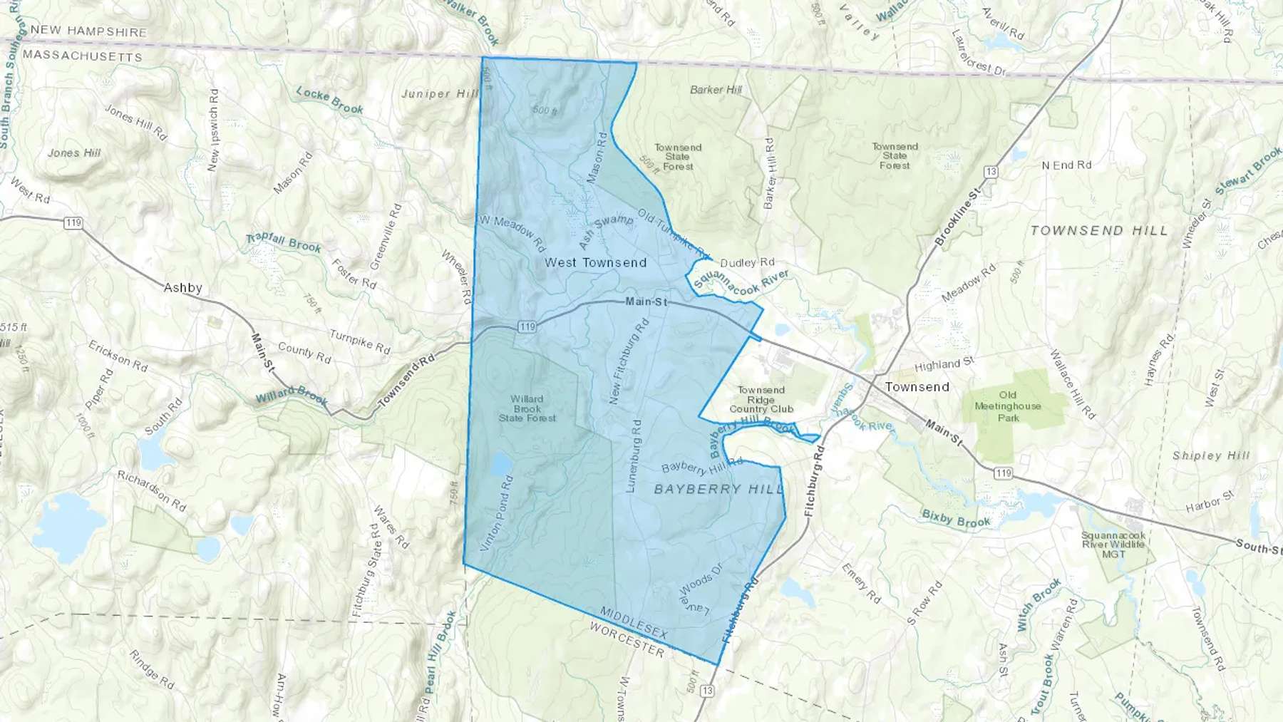 West Townsend, MA Cash heating Oil delivery map Map of the COD Fuel Oil delivery service area for West Townsend, MA