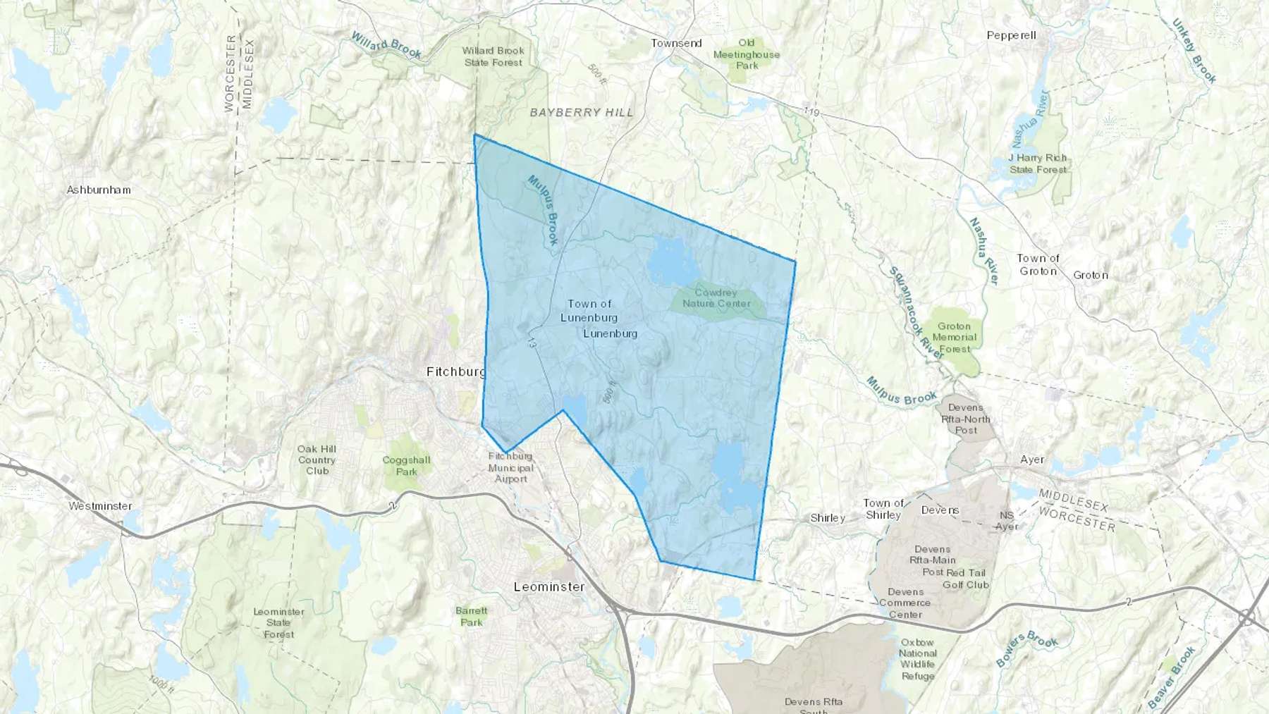 Lunenburg, MA Cash heating Oil delivery map Map of the COD Fuel Oil delivery service area for Lunenburg, MA