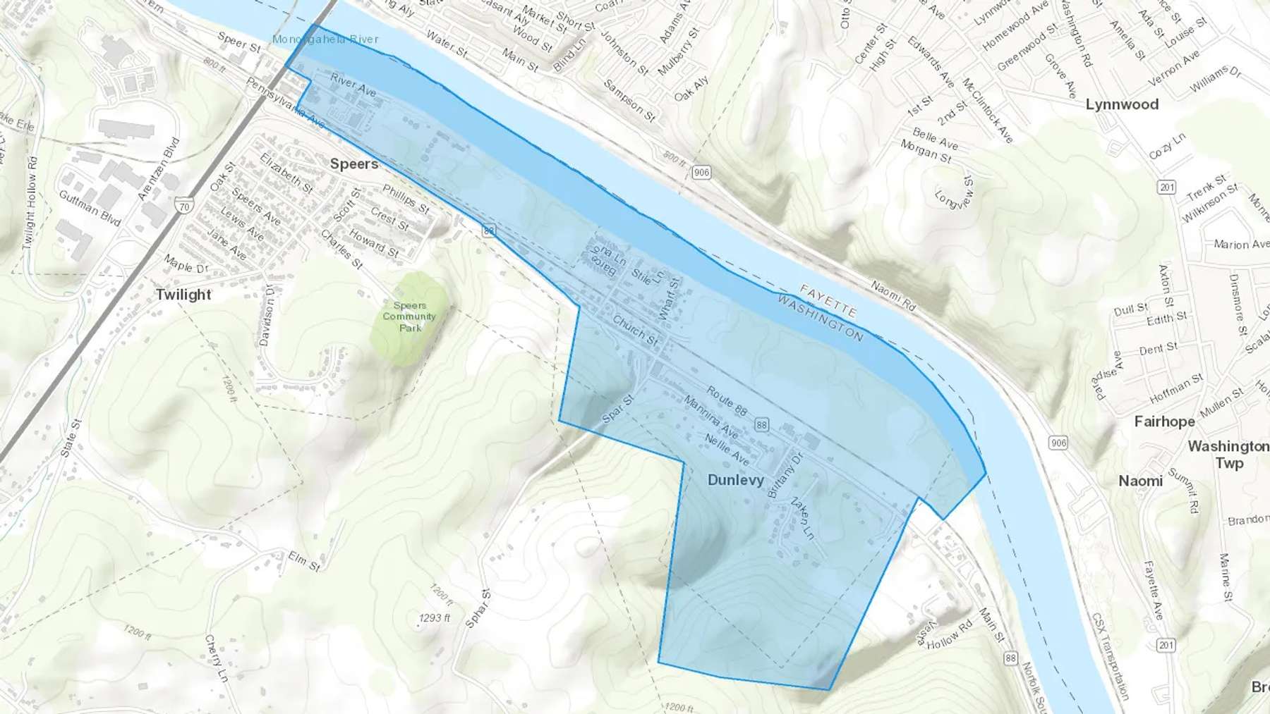 Dunlevy, PA Cash heating Oil delivery map Map of the COD Fuel Oil delivery service area for Dunlevy, PA