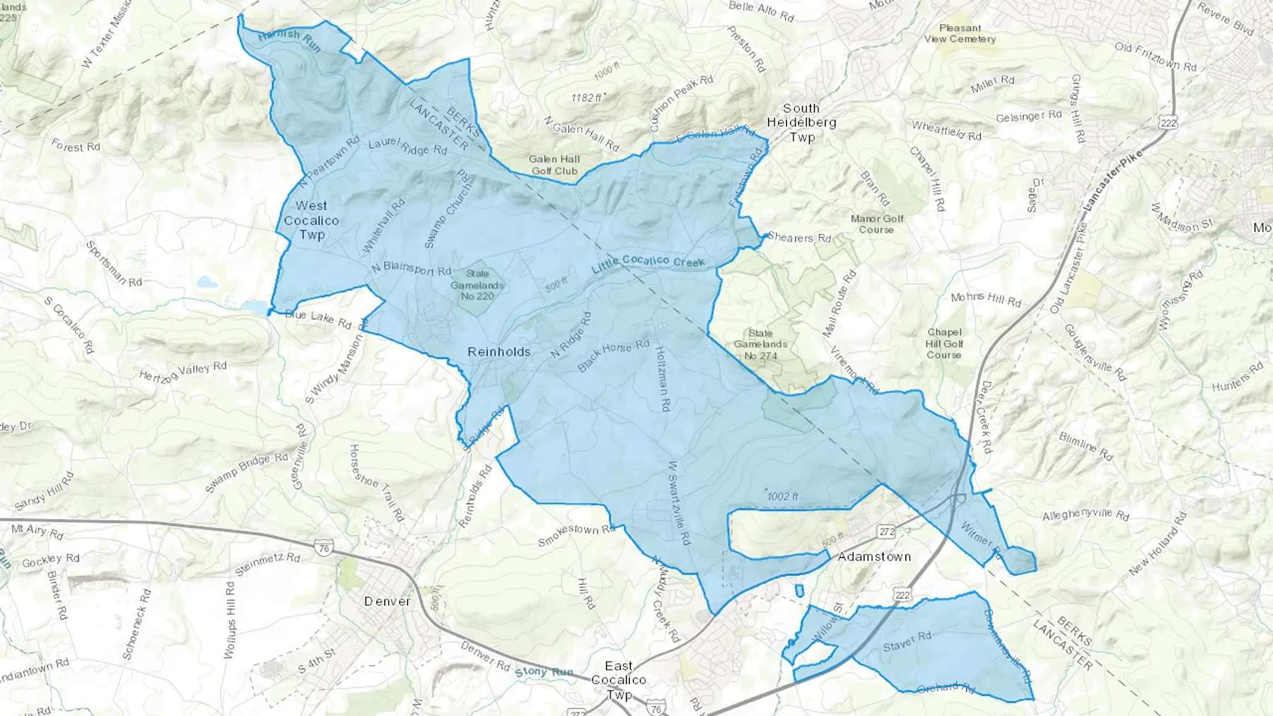 Reinholds, PA Cash heating Oil delivery map Map of the COD Fuel Oil delivery service area for Reinholds, PA