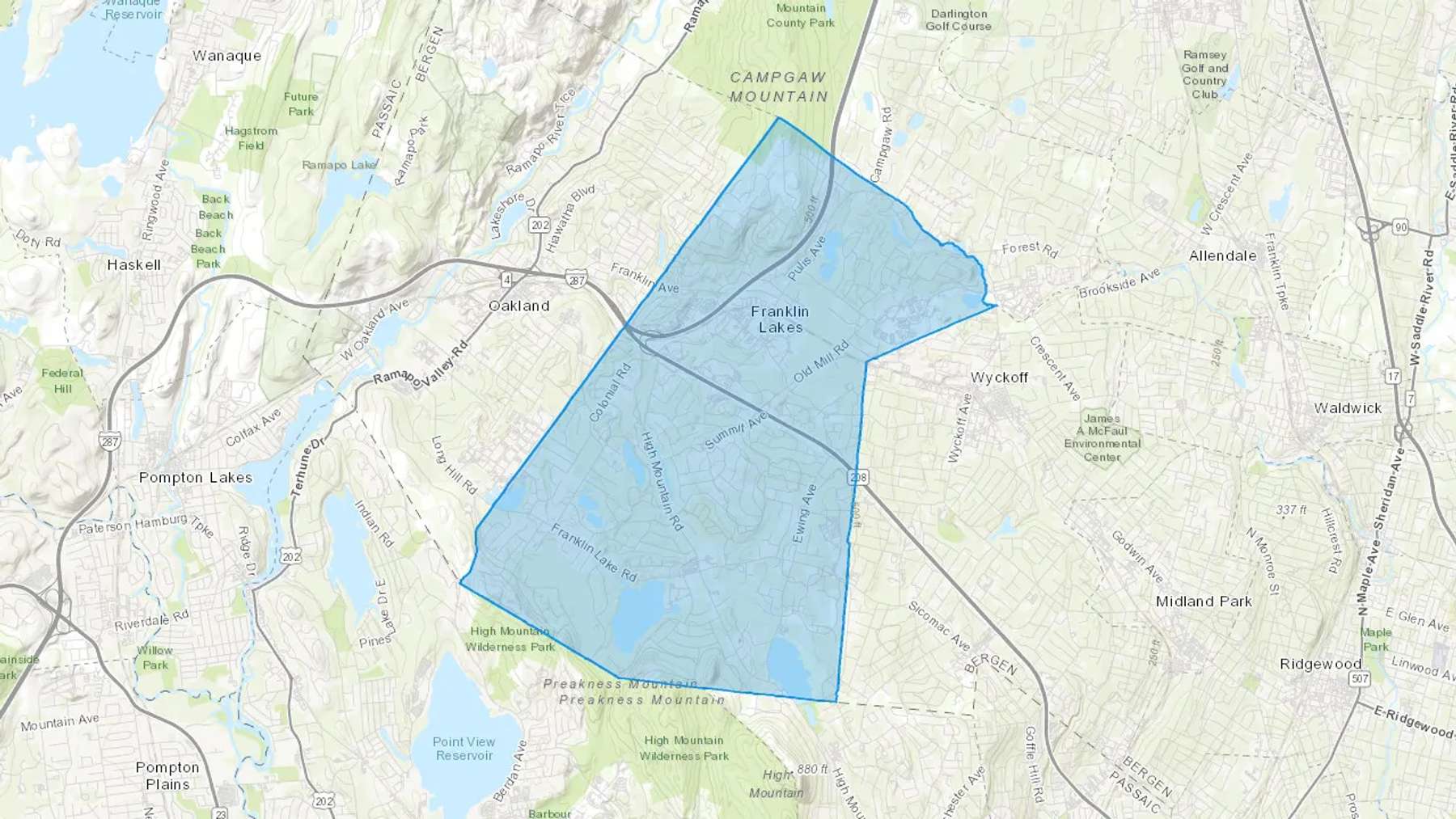 Franklin Lakes, NJ Cash heating Oil delivery map Map of the COD Fuel Oil delivery service area for Franklin Lakes, NJ