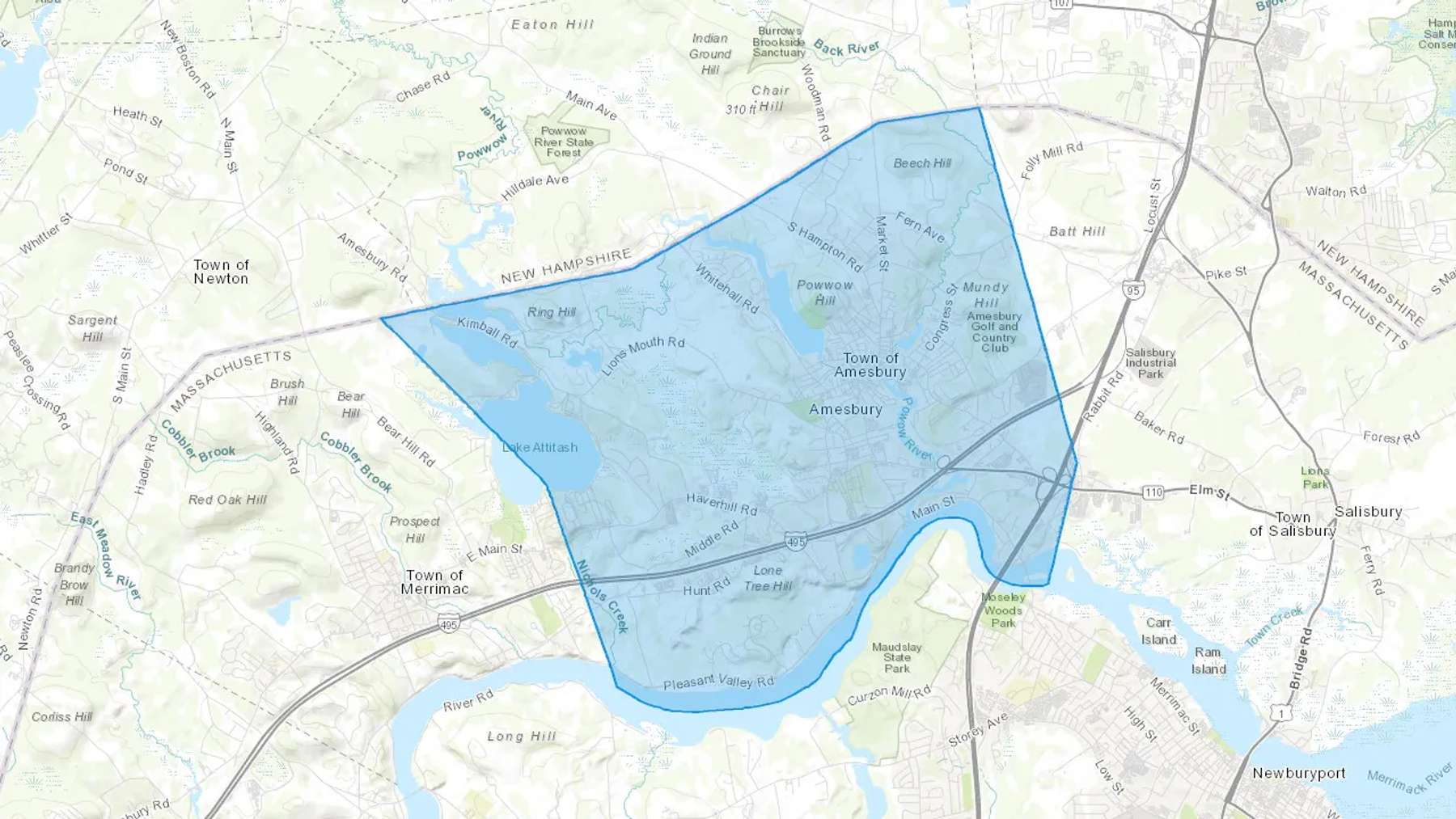 Amesbury, MA Cash heating Oil delivery map Map of the COD Fuel Oil delivery service area for Amesbury, MA