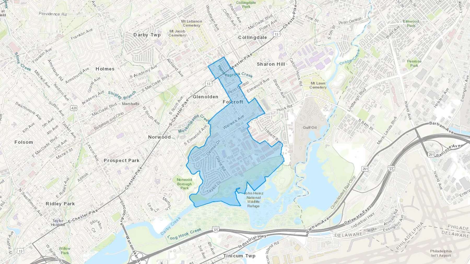 Folcroft, PA Cash heating Oil delivery map Map of the COD Fuel Oil delivery service area for Folcroft, PA