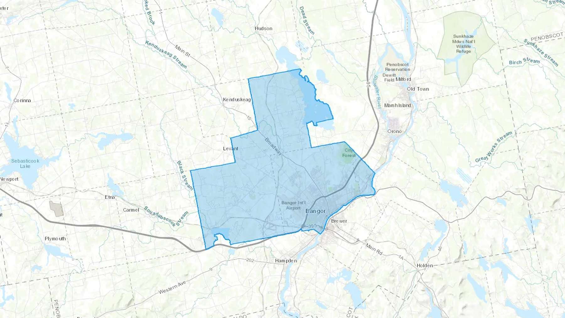 Bangor, ME Cash heating Oil delivery map Map of the COD Fuel Oil delivery service area for Bangor, ME