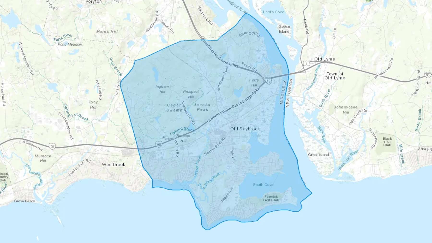 Old Saybrook, CT Cash heating Oil delivery map Map of the COD Fuel Oil delivery service area for Old Saybrook, CT