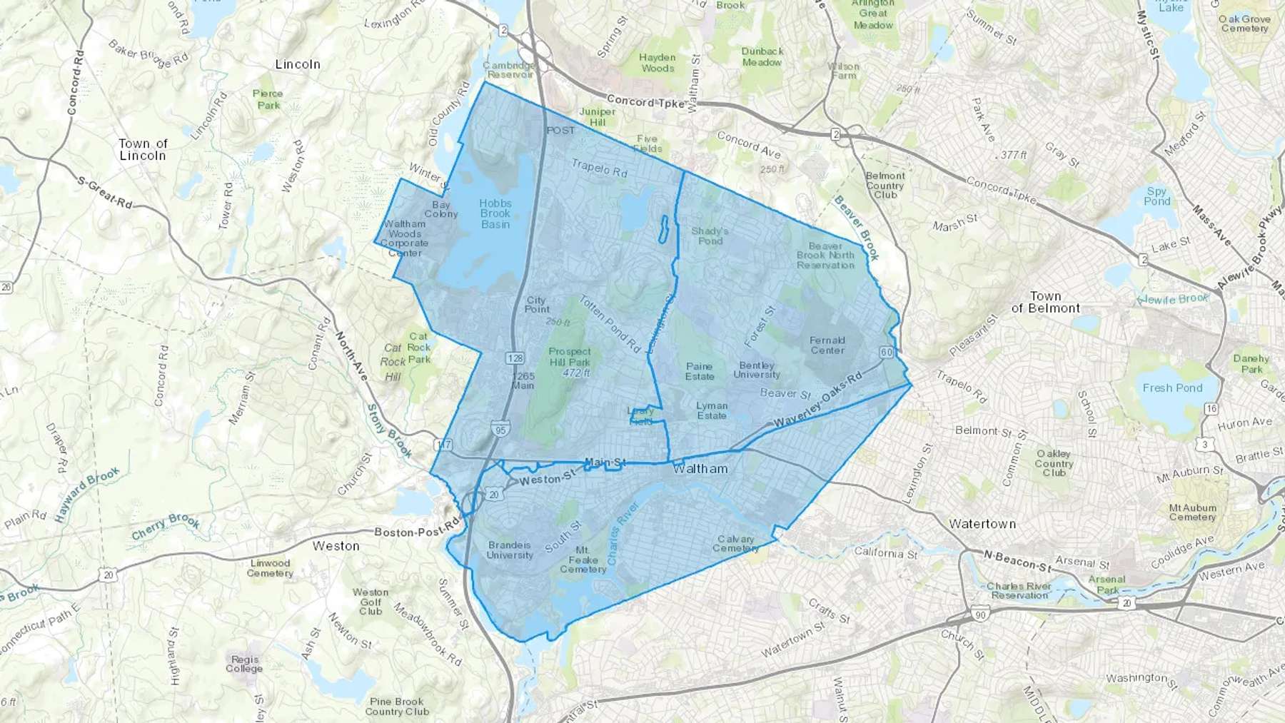 Waltham, MA Cash heating Oil delivery map Map of the COD Fuel Oil delivery service area for Waltham, MA